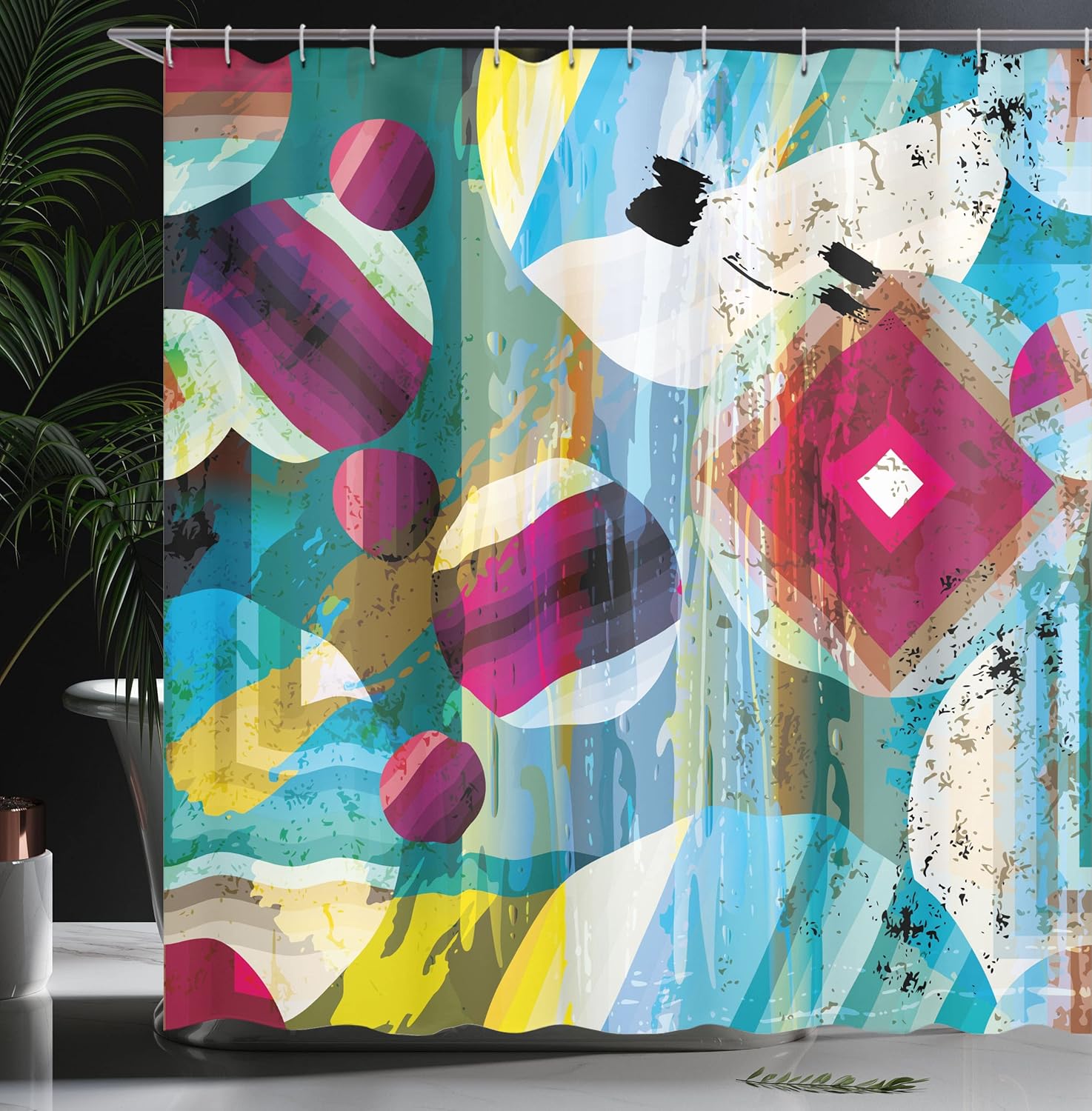 Ambesonne Modern Art Shower Curtain, Vintage Geometric Shapes and Circle Shapes Like Outer Space Planets Art Print, Cloth Fabric Bathroom Decor Set with Hooks, 69" W x 75" L, Multicolor