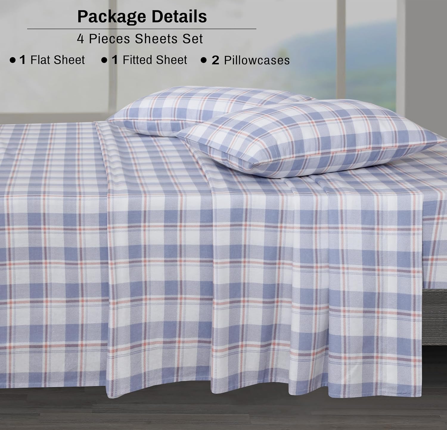 ZOYER Flannel Sheets Queen Size Set - Soft & Comfy Deep Pocket Cotton Flannel Bedding, Fitted Up to 16", Double Brushed Queen Bed Sheets, 4 Pieces, Symphony