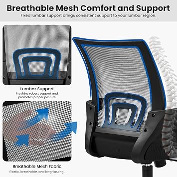 Yaheetech Mid Back Mesh Computer Office Desk Chair Adjustable Swivel, Black | Breathable mesh back and foam padded seat for comfortable work at home or office; steel frame holds 300 lb, easy assembly.