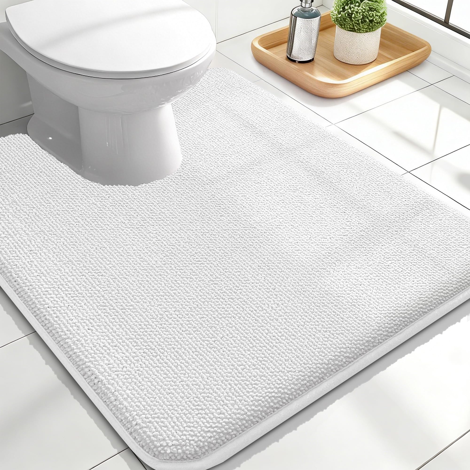 OLANLY Memory Foam Bathroom Toilet Rug U-Shaped 24x20, Absorbent Mat, White