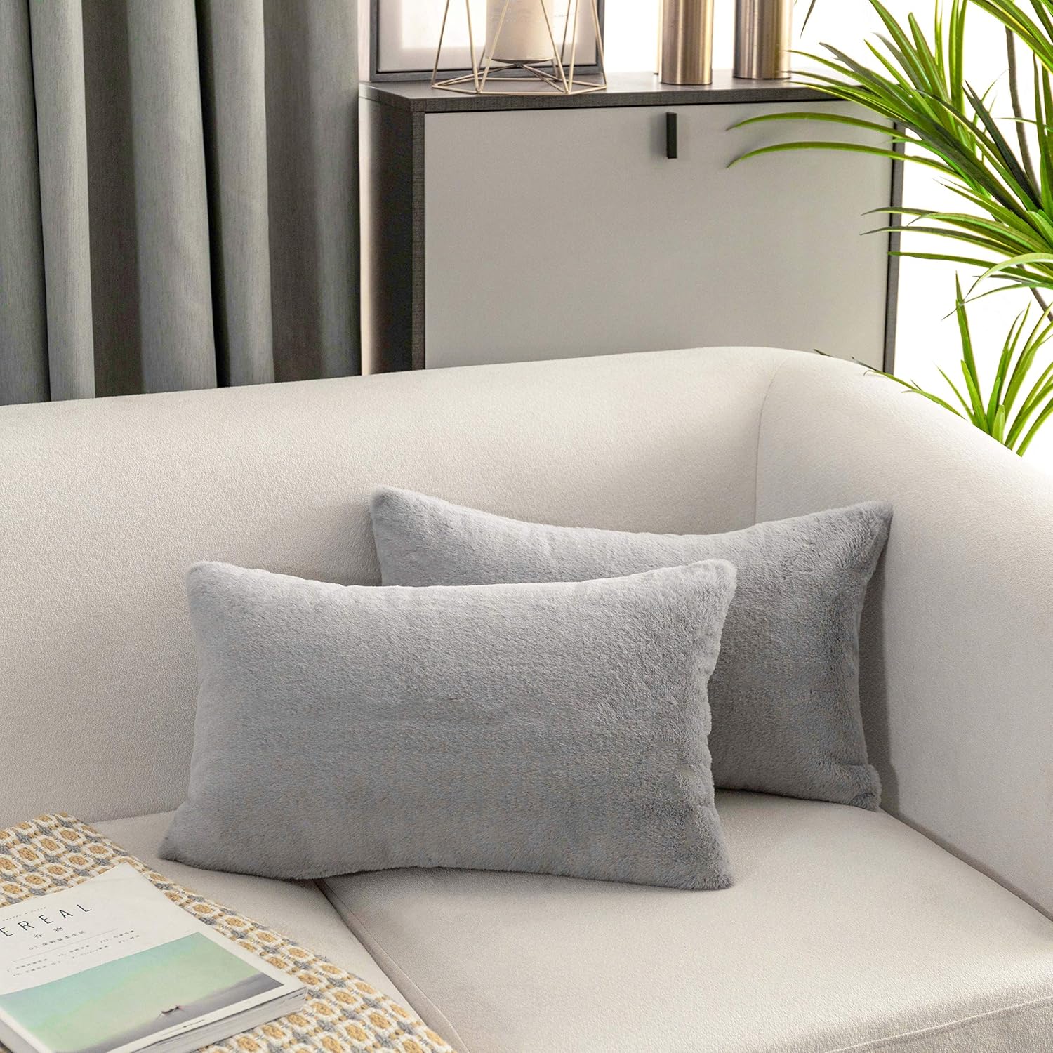 Home Brilliant Plush Faux Fur Deluxe Suede Fluffy Sheepskin Oblong Rectangular Accent Throw Pillow Case Cushion Cover for Bed Spring Decorations, 12x20 Inches, Grey - Image 7