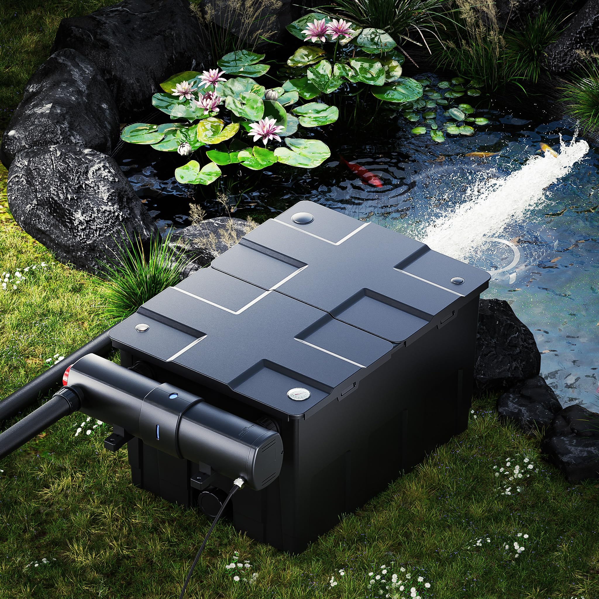 SunSun Kit complet: CBF-550 Filtre de bassin jusqu'à 60000 L Biologique, NEO10000 SuperECO pompe de filtration 10000l/h 80W, CUV-272 lampe uv UVC Clarificateur avec 72W, Y-distributeur