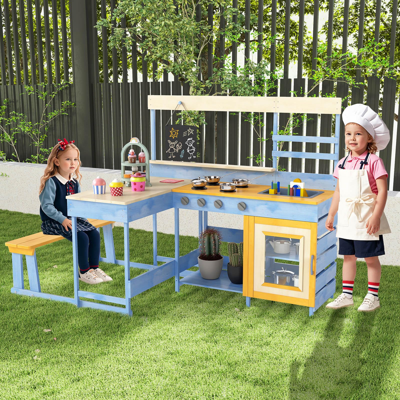 FANTASK Tannenholz Kinderküche, Matschküche mit Picknicktisch & Bank, Dessertzubehör Küchengeschirr Tafel, Outdoor Spielküche Küche für Kinder ab 3 Jahren (Hellblau)