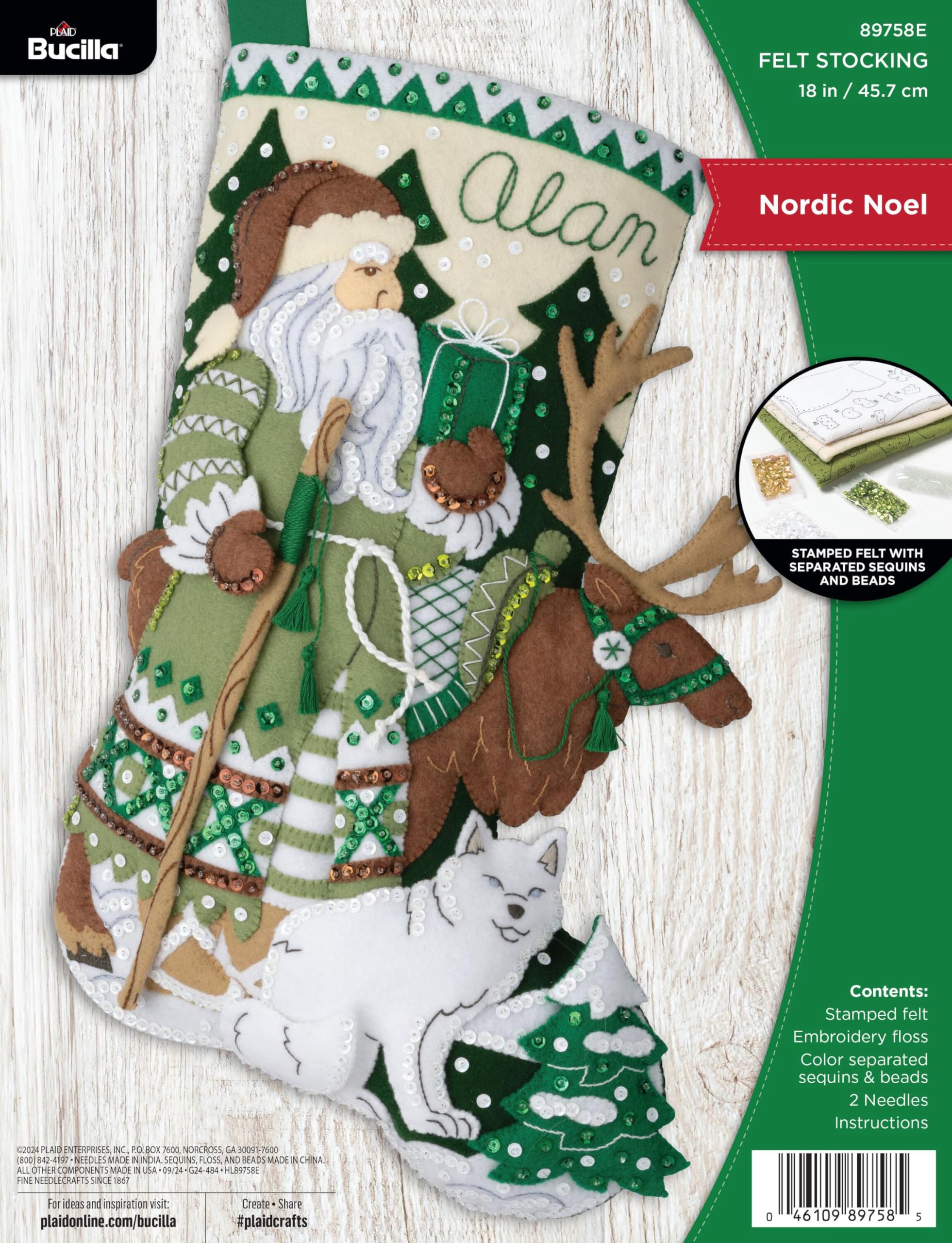 Bucilla Applique 18" Stocking Making Kit, Nordic Noel, Felt, Floss, Sequins, Beads, Embroidery Needles