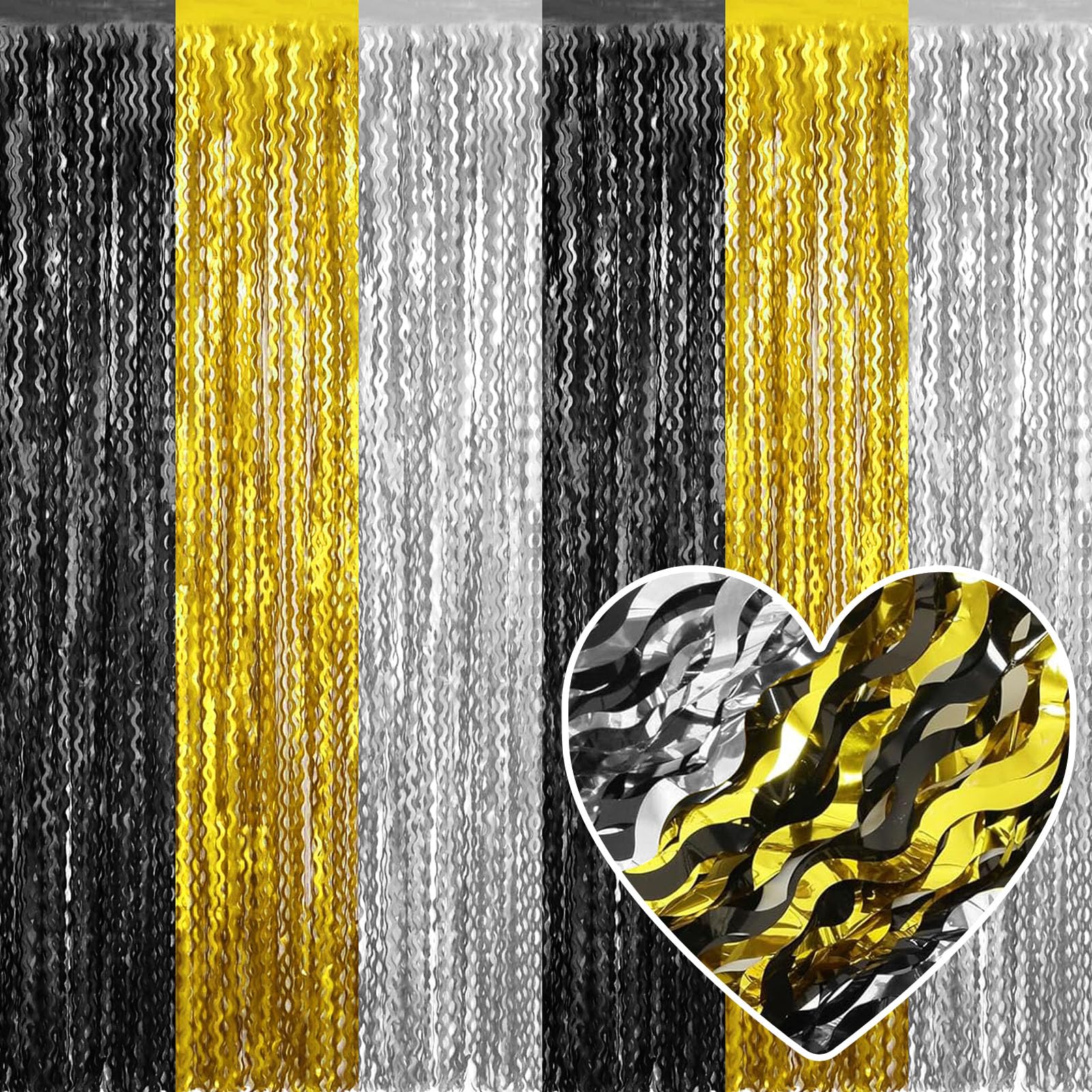 4 Pack Black Gold Silver Fringe Curtain Backdrop 3.2Ft x 8.2Ft Metallic Tinsel Foil Fringe Streamers Background for Photo Booth Mother's Day, Easter,