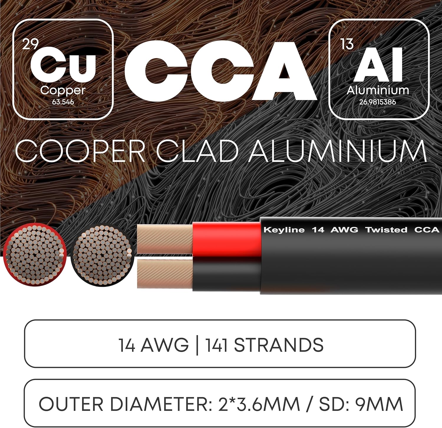 14 Gauge Speaker Wire - 100 Feet Black | 14-2 AWG Gauge - Rated for Marine & Outdoor in Ground Burial & in Wall CL3 CL2, 2 Conductors - CCA Copper Clad Aluminum, Black 100ft