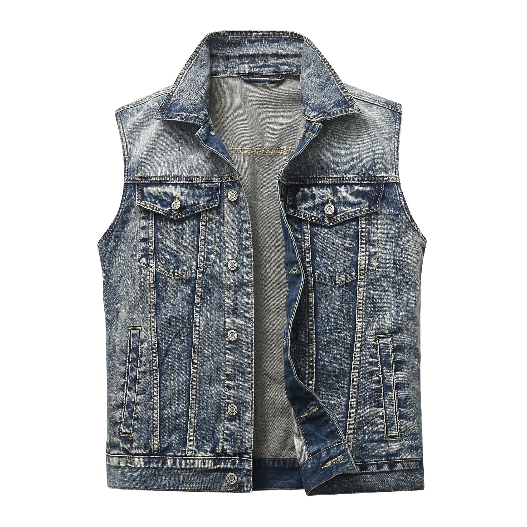 Chaleco Vaquera para Hombre Vintage Chaleco de Jeans Sin Mangas Lavado Chaqueta Clásico Moto Chalecos avec 2 bolsillos internes