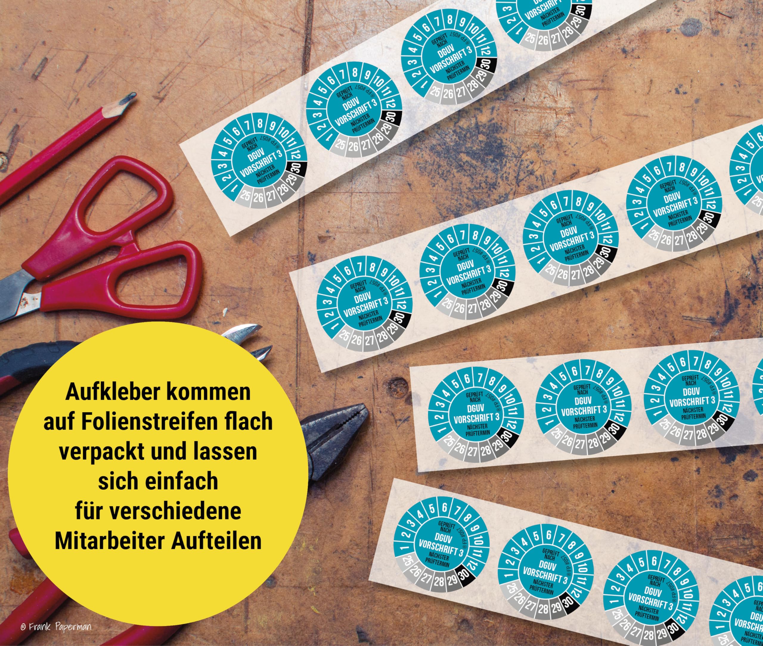 1200x DGUV V3 Prüfplaketten blau 20 mm Durchmesser inkl. Folienstift, Prüfplaketten Nächster Prüftermin, UV-beständig, Hohe Klebkraft, 5 Farben, 2 Größen