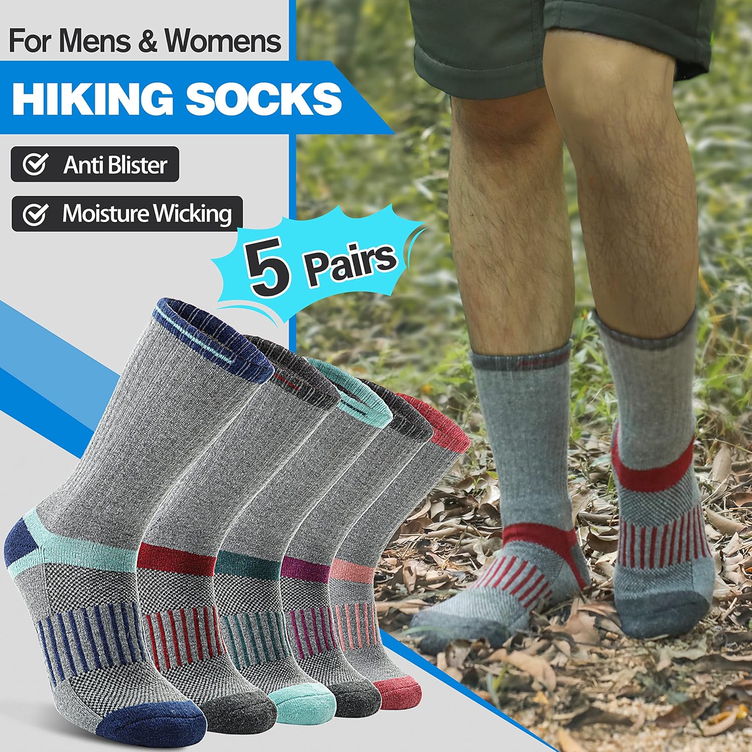 5 Pairs Merino Wool Hiking Socks Warm Thermal Winter Cozy Cushioned Moisture Wicking Socks for Women & Men - Image 2