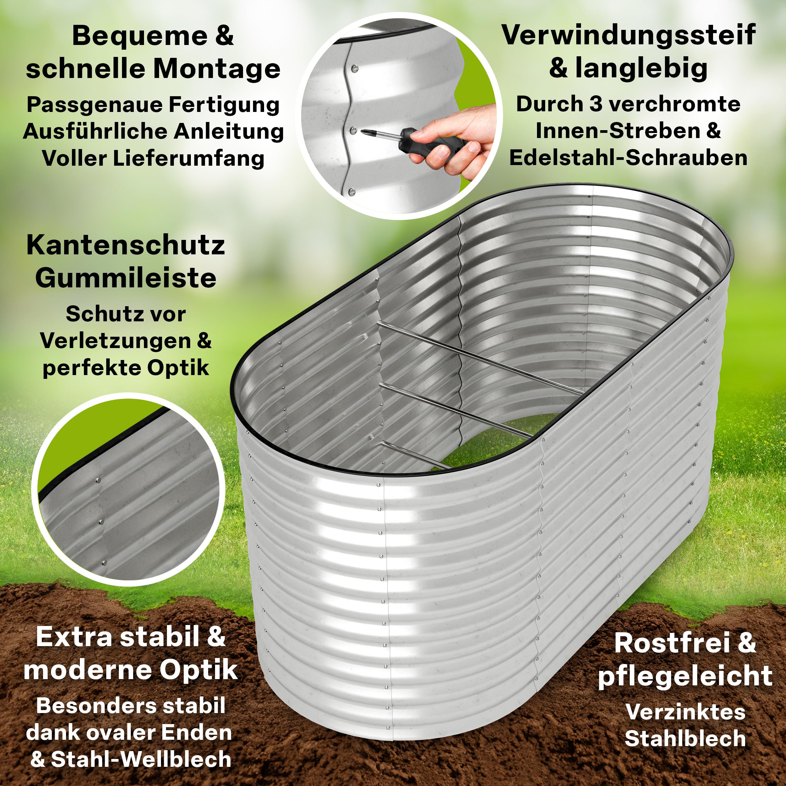 TTL GARDEN 160x80x80cm Spirit M Metall Hochbeet Silber - Stahl rostfrei verzinkt Wellblech ovale Form groß sehr stabil & wetterfest Garten Beet für Gemüse Kräuter Blumen Gartenbeet Gemüsebeet