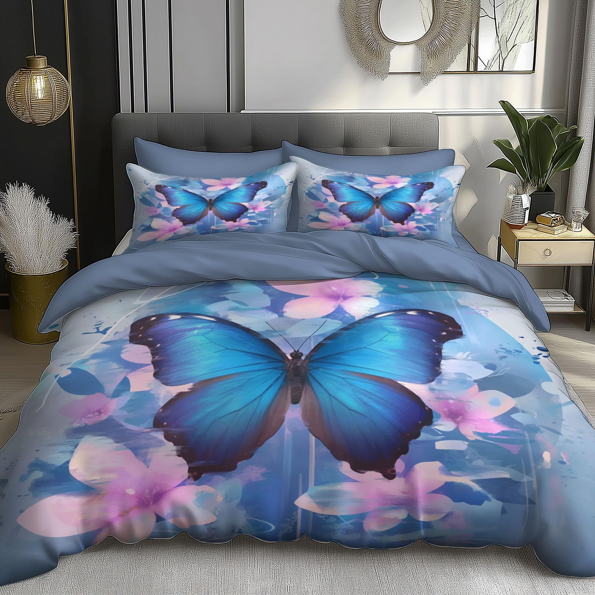 Housse de couette 200x200cm bleu papillon avec taies 65x65 en microfibre