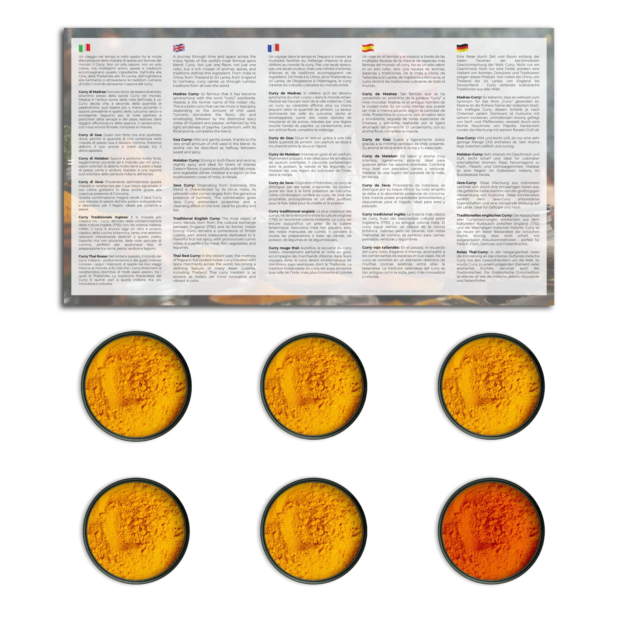 Set 6 Currys del Mundo Bembo – Mezcla de Especias Curry Gourmet – Madras, Goa, Malabar, Java, Inglés, Thai Rojo – Regalo Cocina