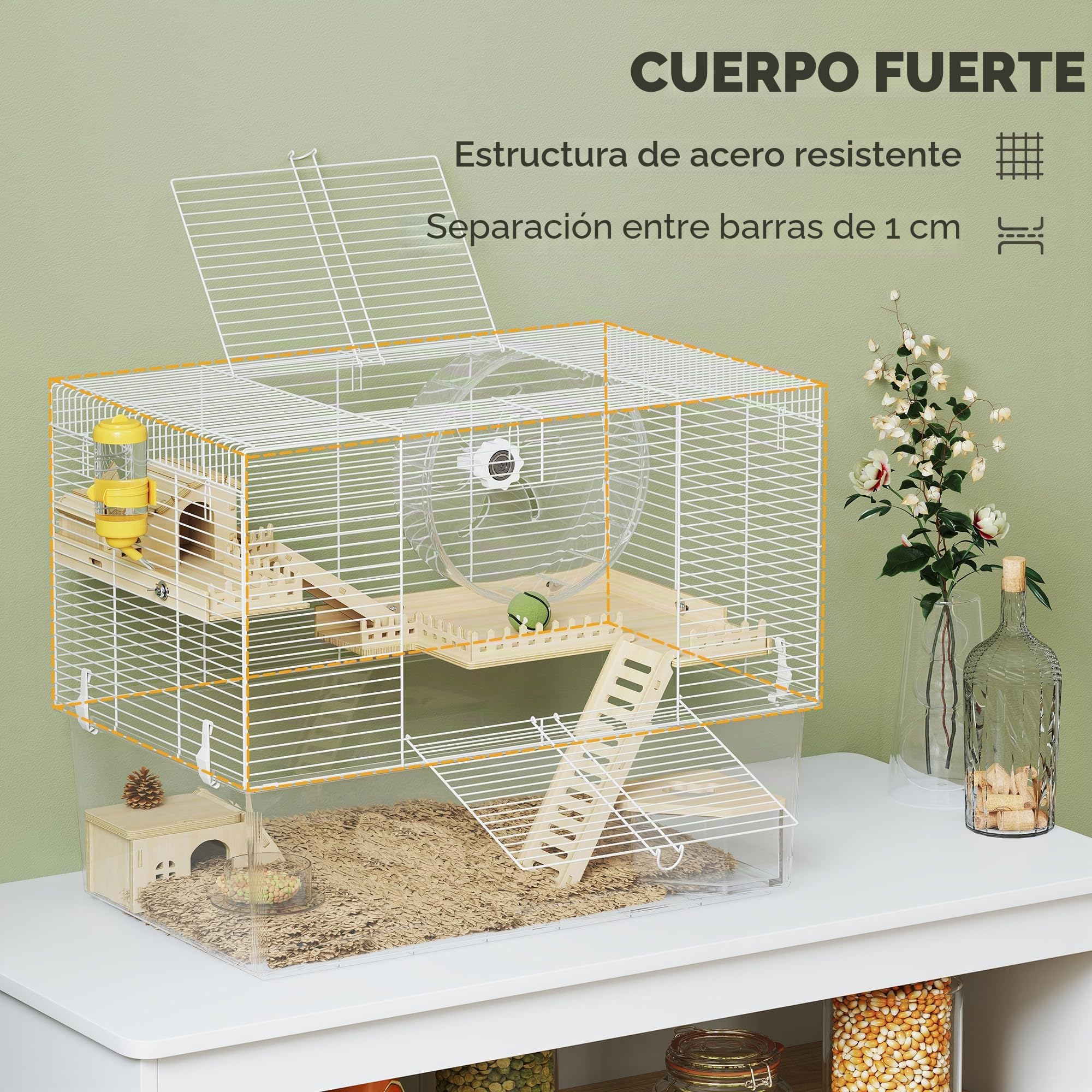 PawHut - Jaula para hámster de 3 Niveles, Jaula para roedores con Rueda de Ejercicio, Bandeja Profunda Transparente, Casitas, rampas, Botella de Agua, comedero, arenero, 59 x 35,5 x 47 cm, Color