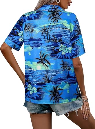 ZXZY Women Summer Hawaii Shirts Soft Cool Floral Tropic Print Short Sleeve Button Up Tops T-Shirt
