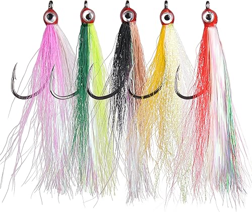 Ganchos de pesca de cola de hebilla, 5 señuelos de pesca de agua salada con falda de flash de cristal de cola de hebilla, ojos grandes, 5 colores
