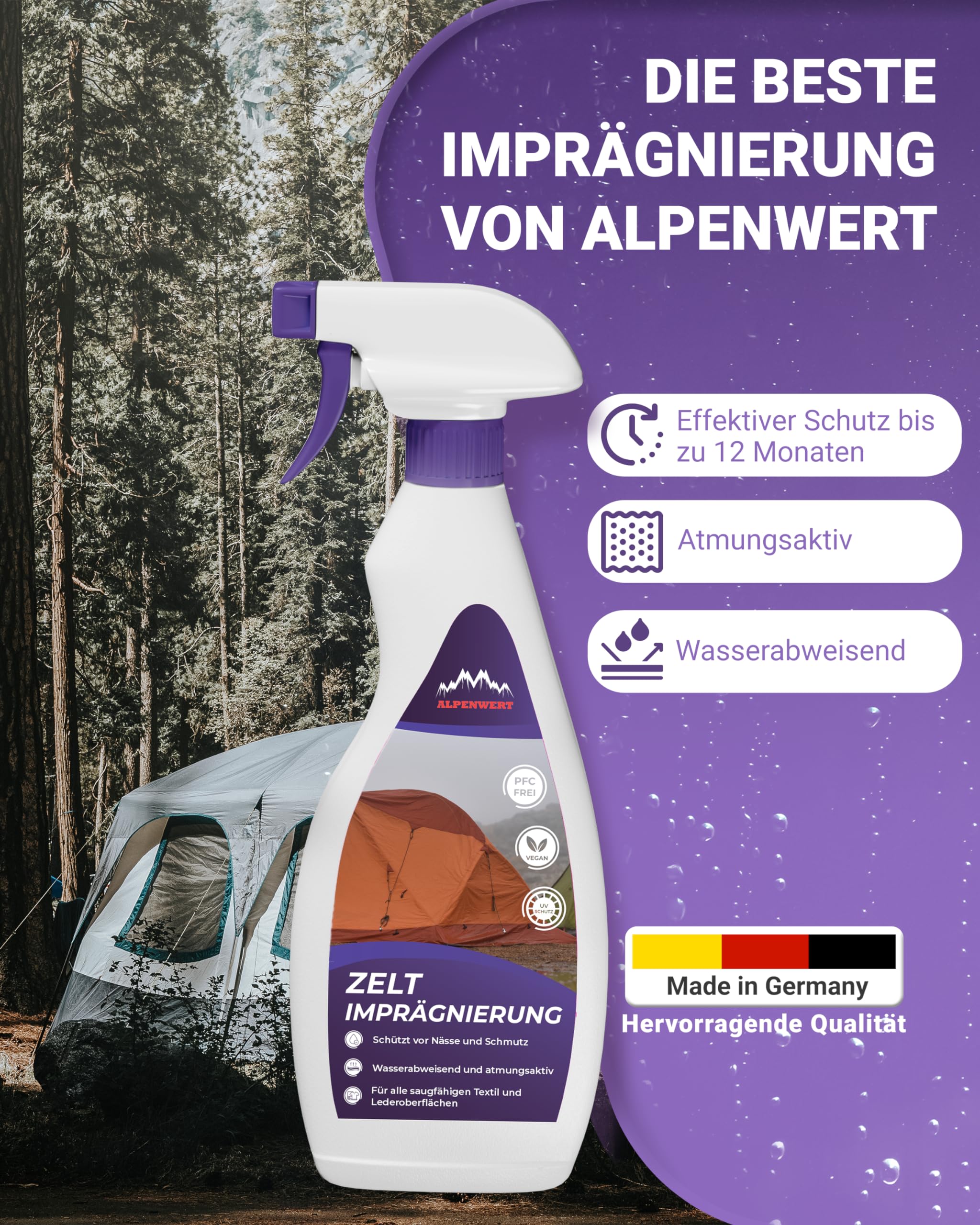 Alpenwert Spray imperméabilisant pour tente et pavillon [Protection déperlant longue durée] Fabriqué en Allemagne Imperméabilisant pour tentes, auvents, parasol, etc.