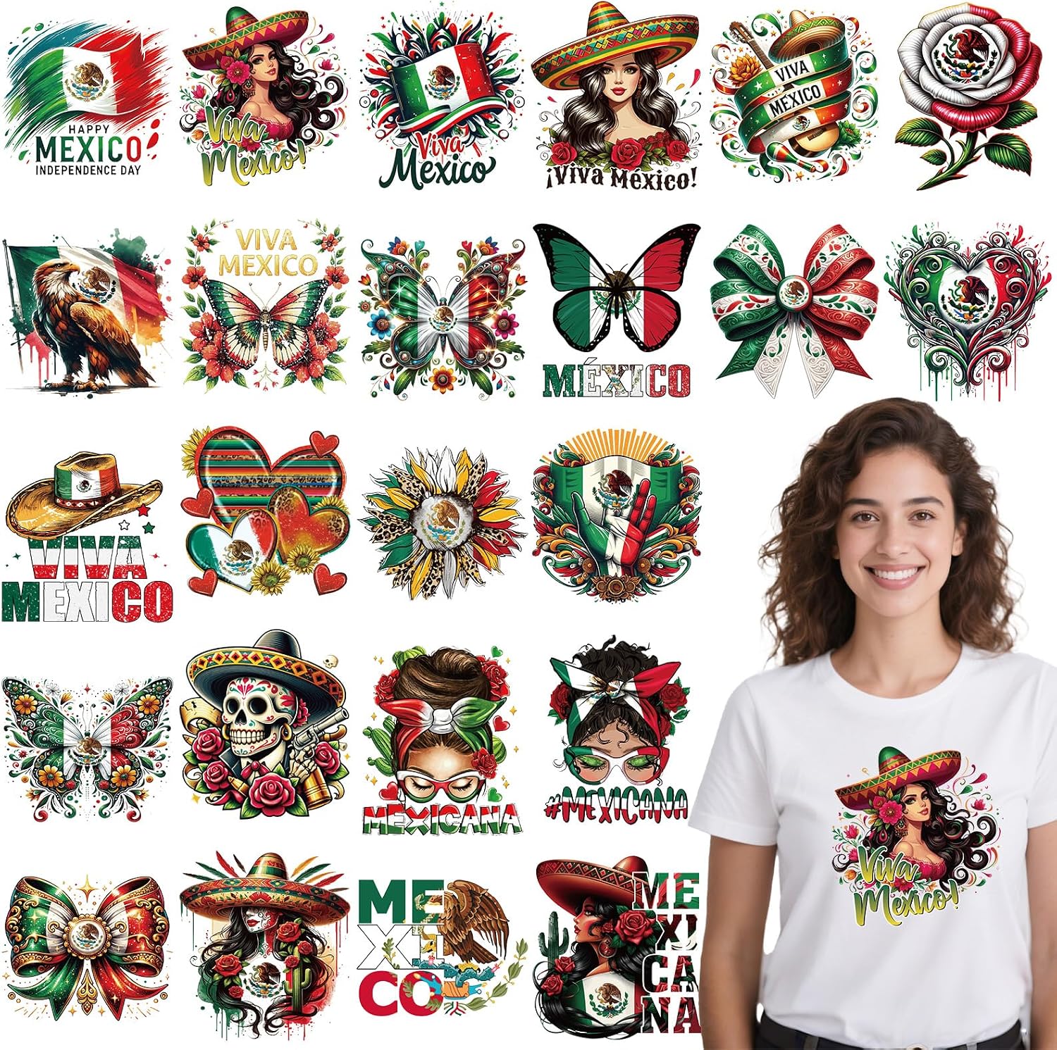 Mexican Independence Day Iron on Transfers - 24Pcs Dtf Transfers Ready to Press, Mexican Flag Iron on Decals Patches for Tshirts, Mexico Themed Heat Stickers for DIY Jeans Tshirts Clothing