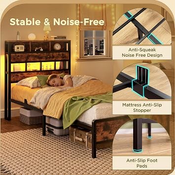 IRONCK Single Bed Frame with Storage Headboard, 3-Tier Shelves, 90x190 cm