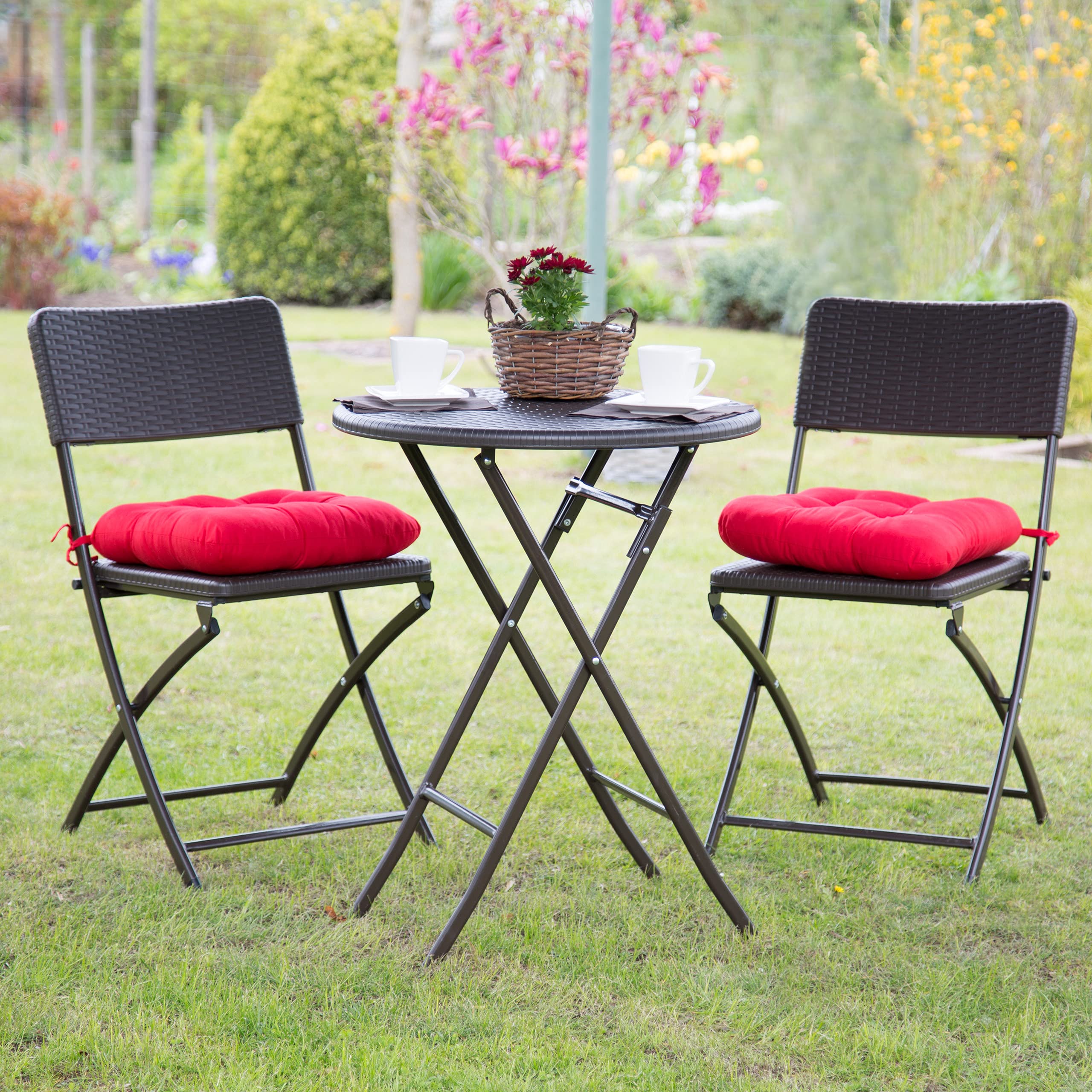 Relaxdays Set Mesa y Sillas Jardín Bastian, Plegable, 3 Unidades, Efecto Ratán, Muebles Exterior, 75,5x60x60 cm, Marrón