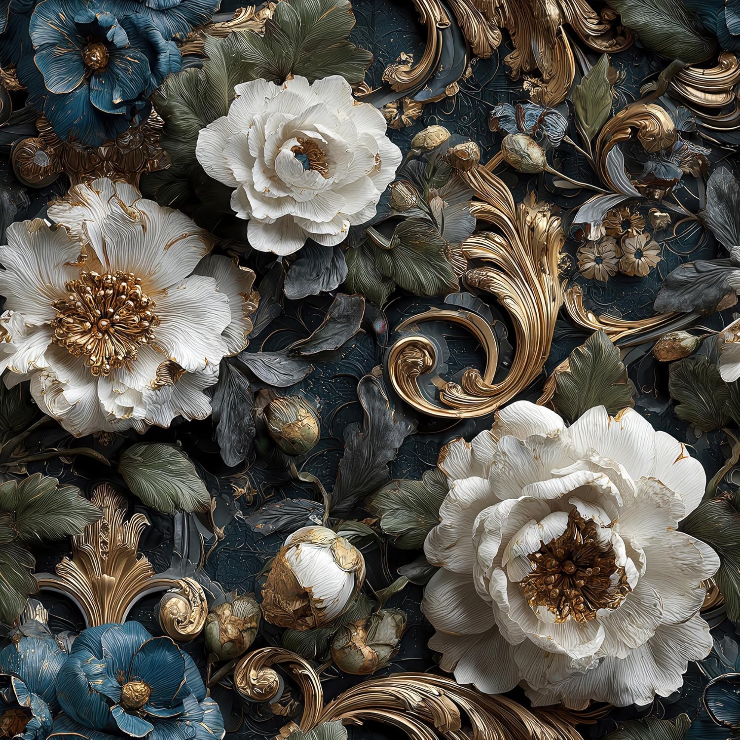 3D Textured Vintage Floral Wallpaper Peel and Stick, Black Gold White Elegant Removable Mural for Living Room & Bedroom, Luxury Retro Wall Decor, 17.7 x 236 Inches