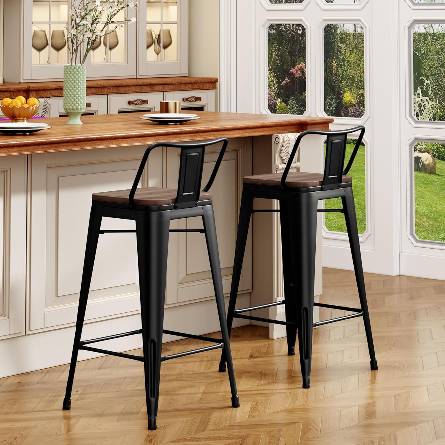 ALISH Bar Stools Set of 2,Low Back Counter Height Bar Stools Indurstrial Metal Barstools with Wood Top for Home Kitchen (Black, Set of 2)