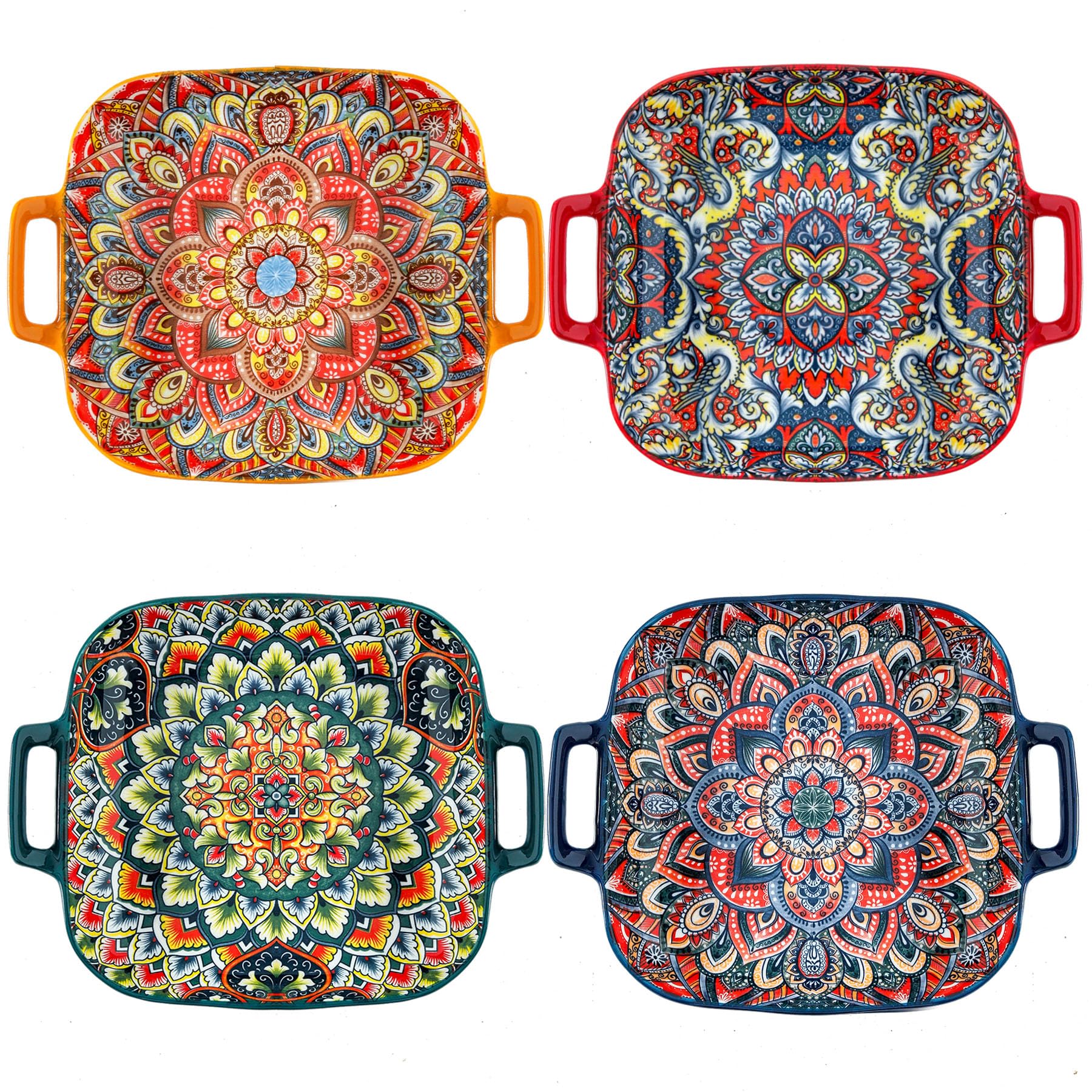 YELLOYA Ceramic Salad Plates with Double Handle 9.2in Set of 4, Colorful Plates Set for Appetizer, Cereal, Oatmeal, Dessert, Pasta, Ice Cream, Dishwasher and Microwave & Oven Safe - Colorful