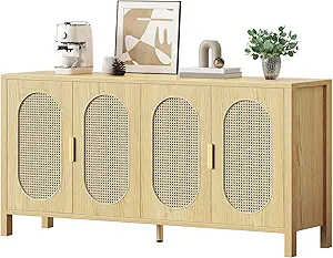 DWVO 4 Door Dressers Storage Cabinet Natural Rattan Oak Wooden Chest with Golden Handles - Modern Large Closet Boho for Living Room/Hallway/Entryway