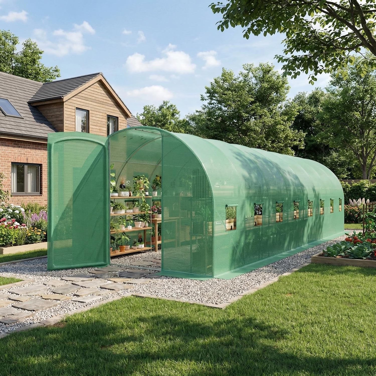 28×10×7.5 FT Walk-in Tunnel Greenhouse for Outdoors, Large Green House with Swing Door & 16 Vent Windows, Heavy-Duty Outdoor Greenhouse Frame with Green PE Cover for Backyard Gardening