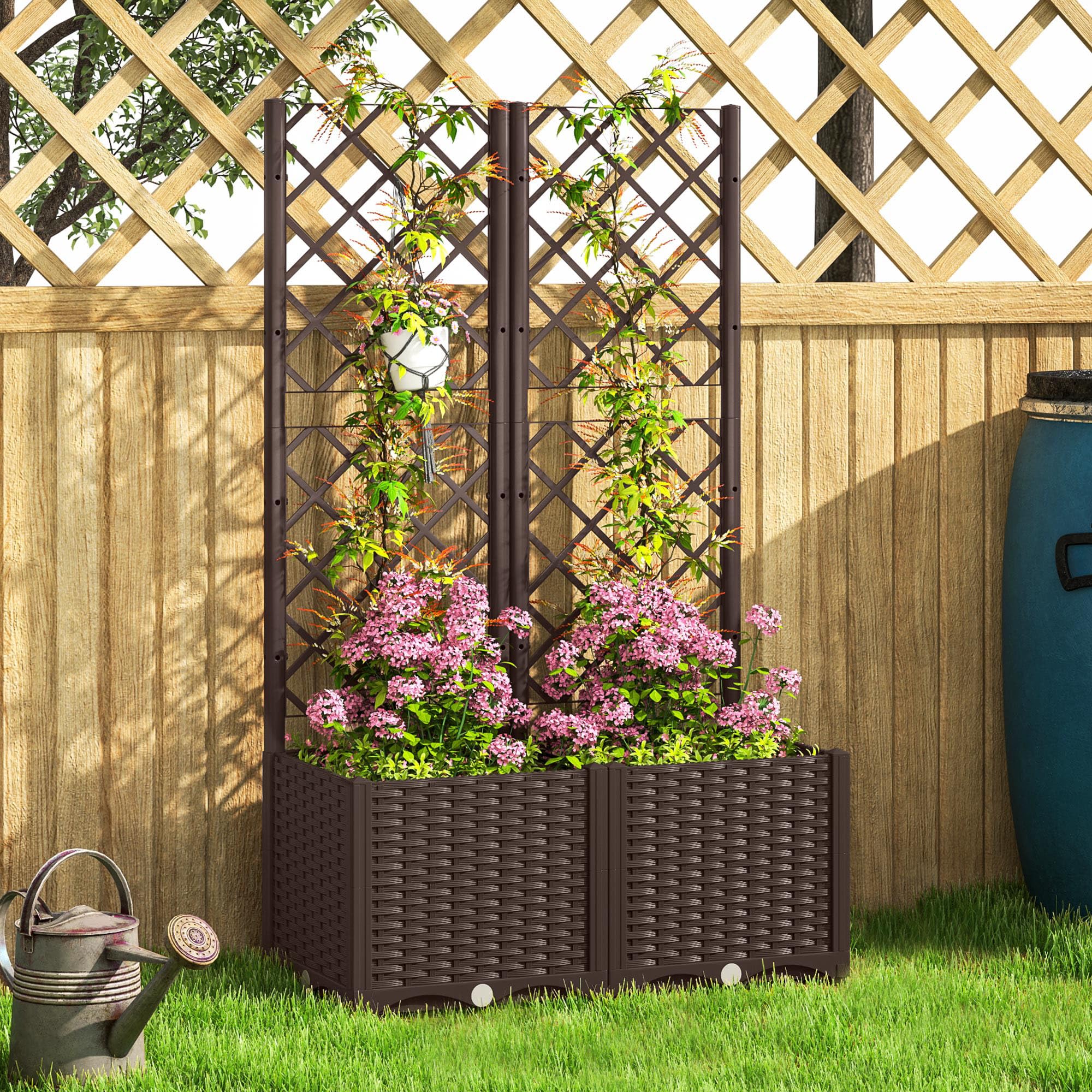 Outsunny Letto per Orto Rialzato da Esterno in PP 80x40x135 cm Marrone | Grigliato, 6 Fori di Drenaggio, Fioriera da Esterno per Piante Rampicanti, per Fiori e Verdure, per Giardino e Balcone