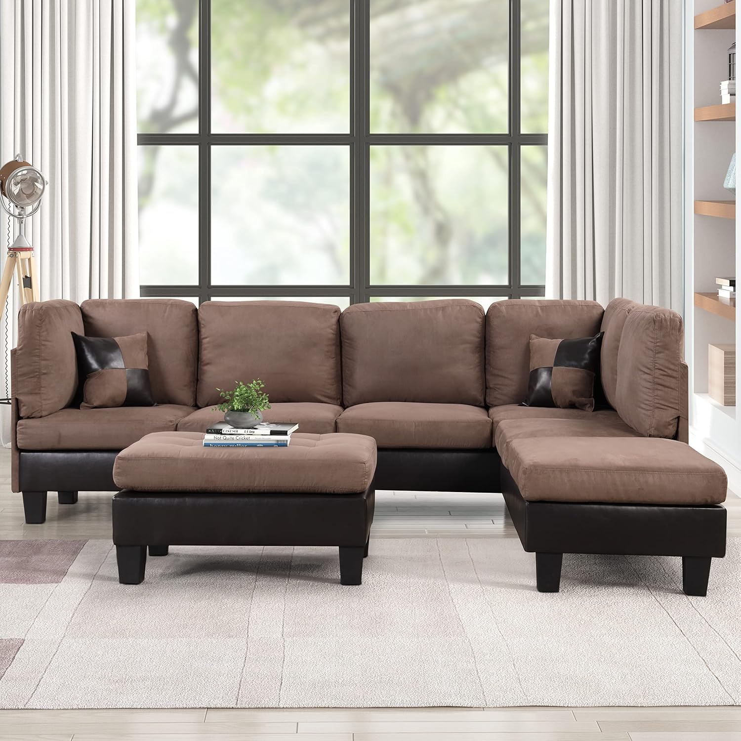 Casa Andrea Modern 3-Piece Microfiber and Faux Leather Sofa and Ottoman Set, 103" W