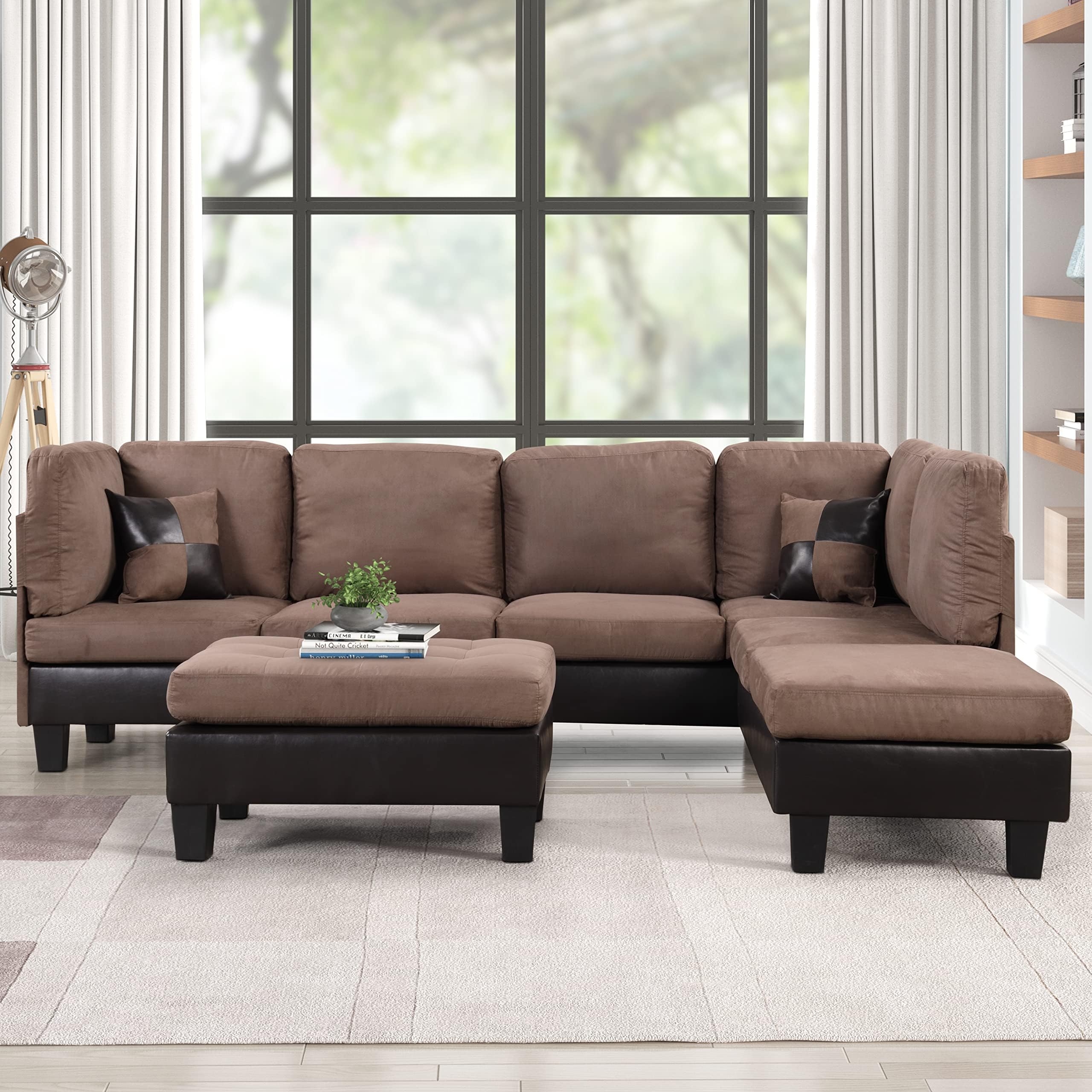 Casa Andrea Modern 3-Piece Microfiber and Faux Leather Sofa and Ottoman Set, 103" W