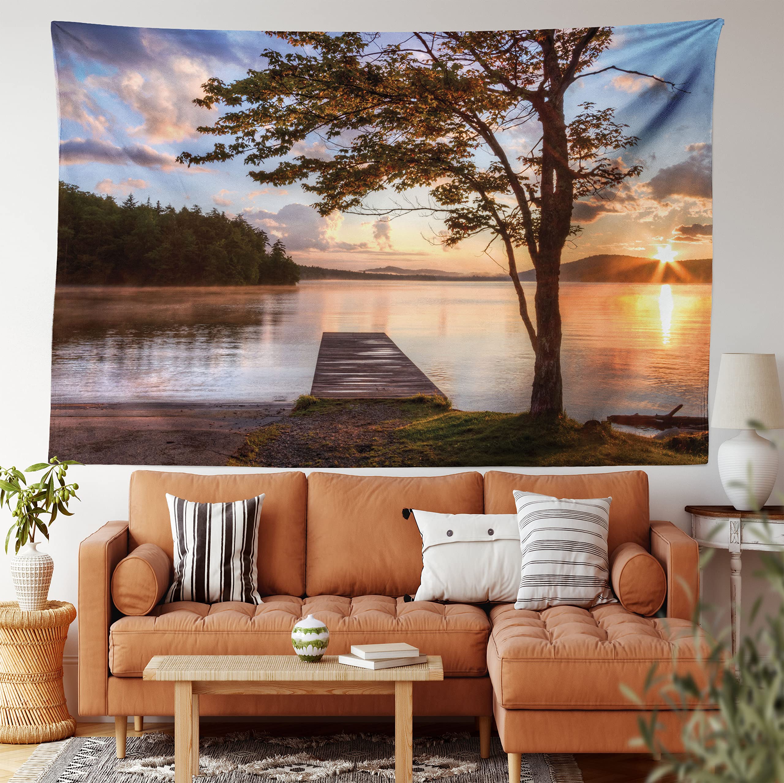 Ambesonne Seascape Tapestry, Shore of Seventh Lake Tree Sunbeam at Sunset Water Reflection Tranquility, Wide Wall Hanging for Bedroom Living Room Dorm, 80