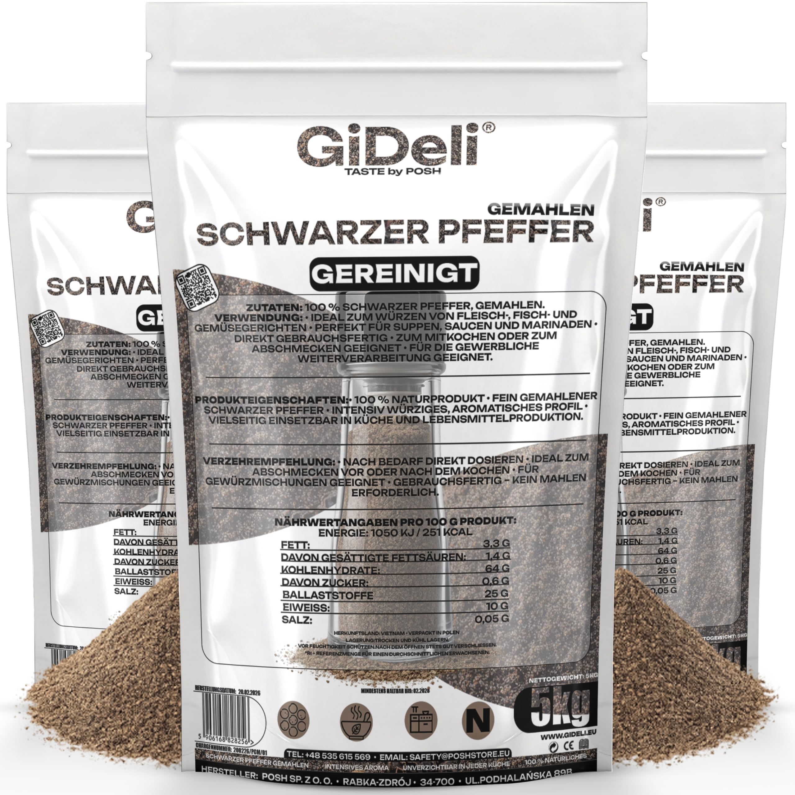 GiDeli Schwarzer Pfeffer Gemahlen 3 x 5kg - Pfefferpulver für Suppen, Saucen und Fleischgerichte - Aromatisch und Vielseitig - 100% Naturrein ohne Zusätze