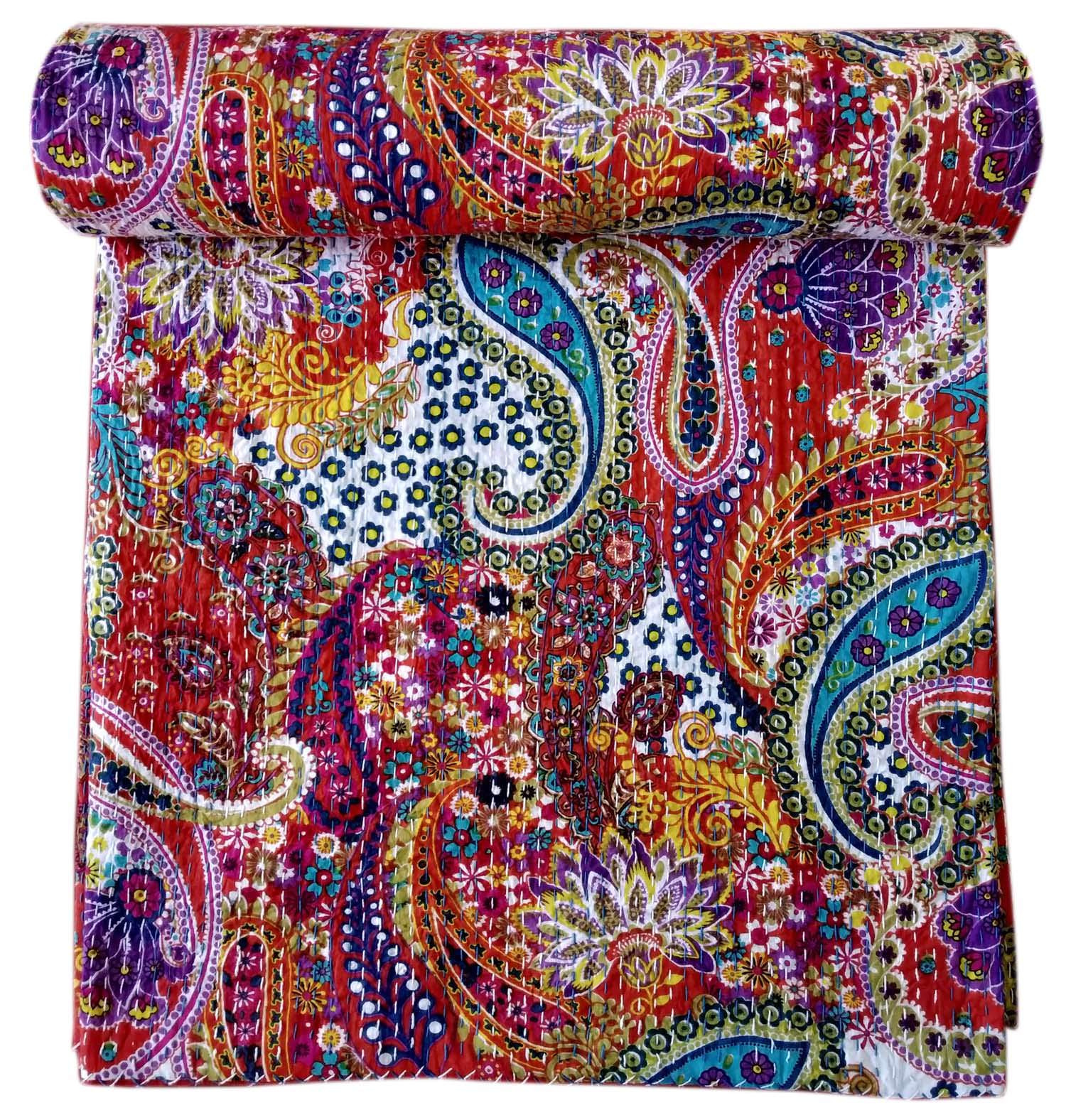 Kirti Textile and Handicraft Cotton Paisley Queen Size Handmade Bedspread Kantha Coverlet (Multicolour)-image-27