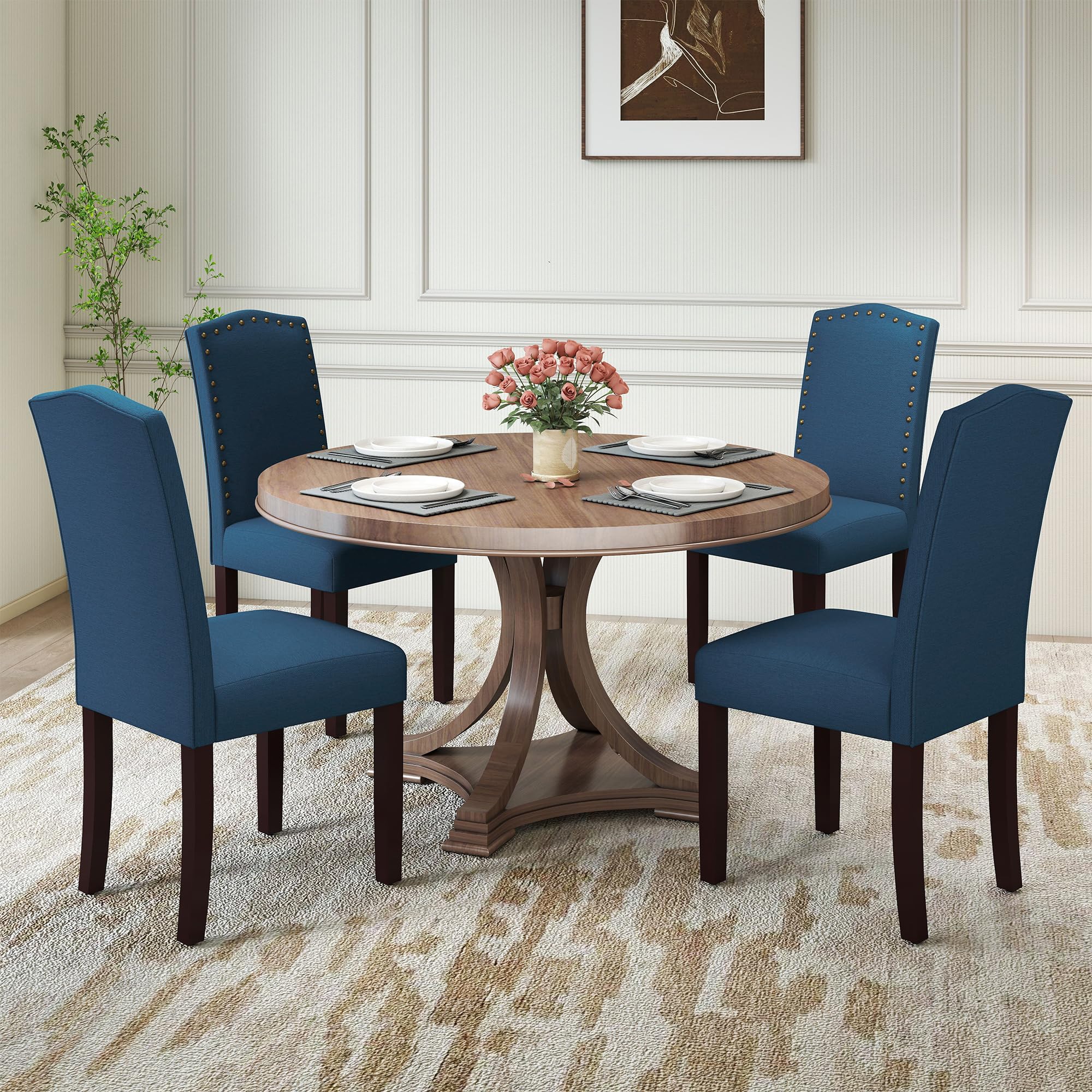 LSSPAID Dining Chairs Set of 4, Modern Comfy Linen Upholstered Parsons Dining Room Chairs with Bronze Nail Head Trim and Brushed Solid Wood Legs, Teal