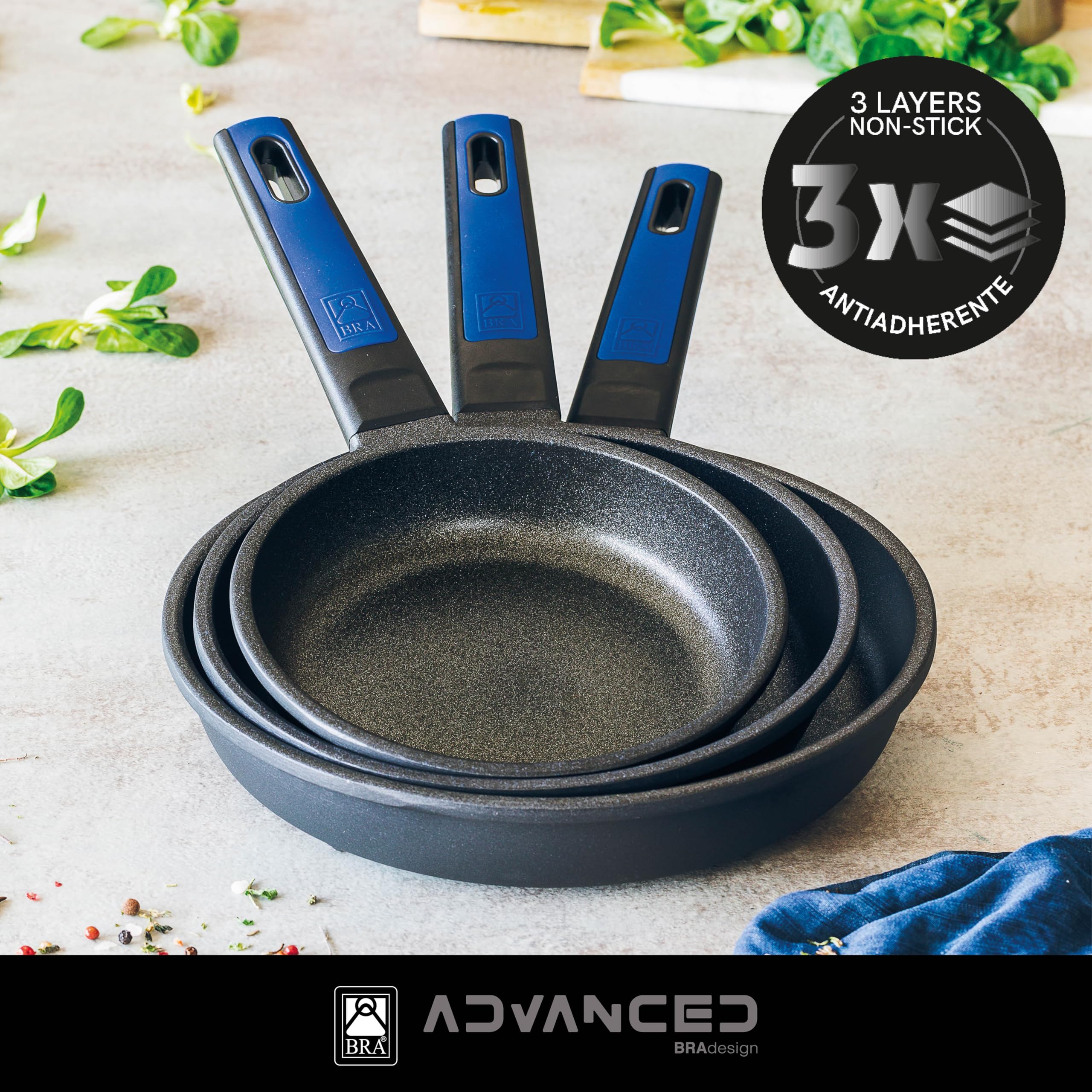BRA Advanced | Set di 3 padelle 20, 24, 28 cm, Alluminio fuso, antiaderente | Senza PFOA, Rinforzato, Prestazioni Superiore e Resistenza ai Graffi, Adatta per Induzione