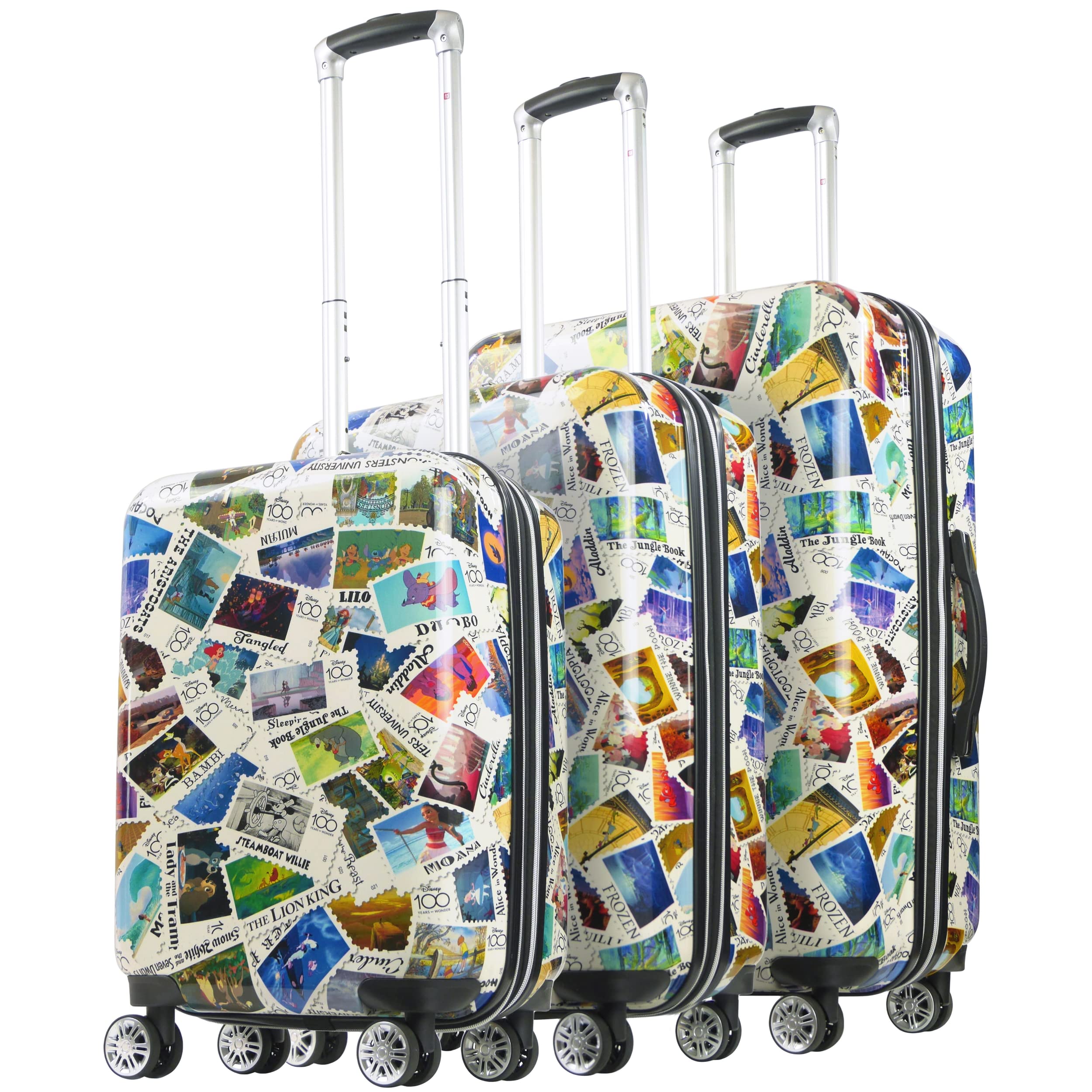 FUL Disney Stamps 3 Piece Set Rolling Luggage, Hardshell Suitcases with Spinner Wheels, 22/26/30 Inch, Multi