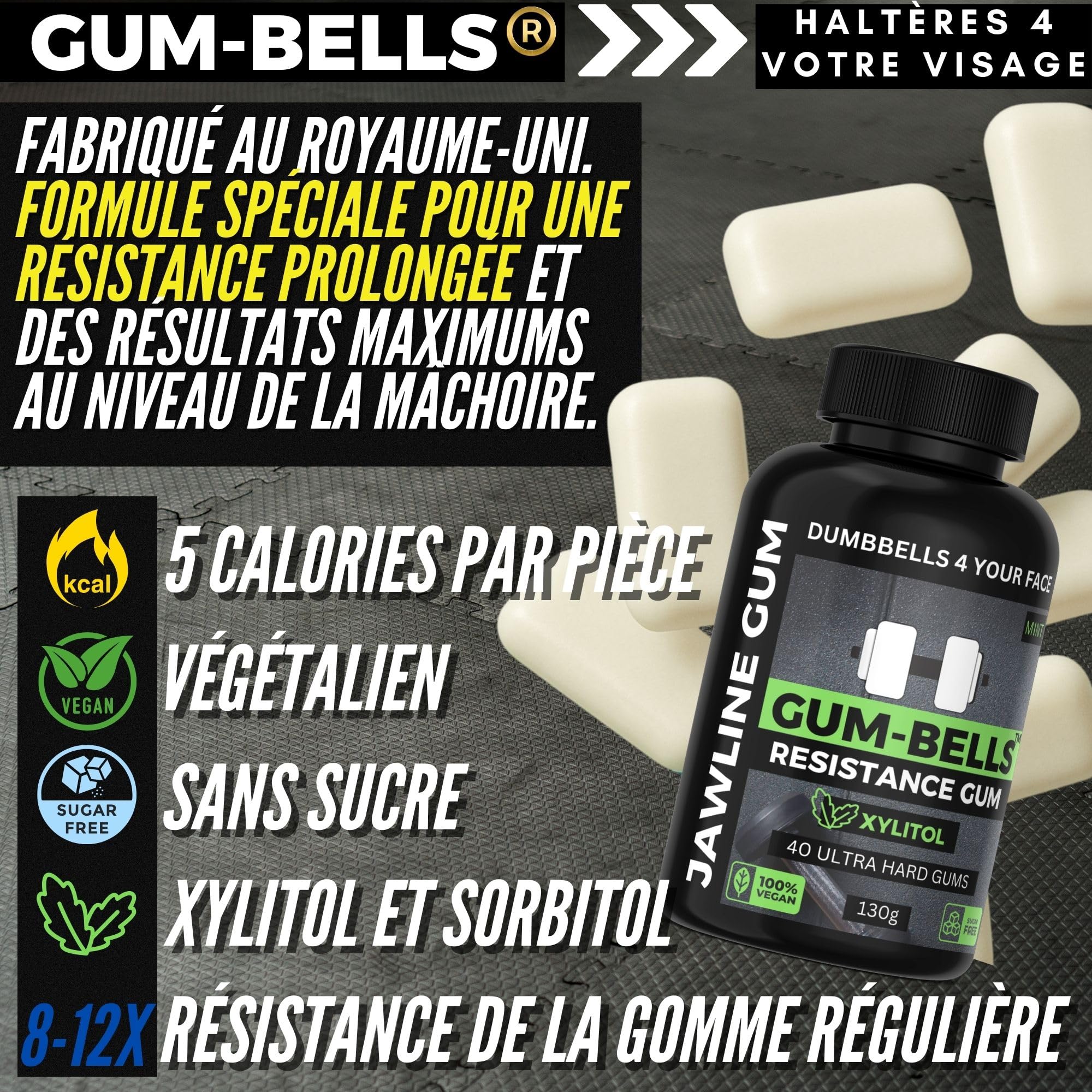 GUMBELLS® Xylitol Jawline Gum – Gomme dure ultra résistante pour mâchoire, menthe, sans sucre, Lot