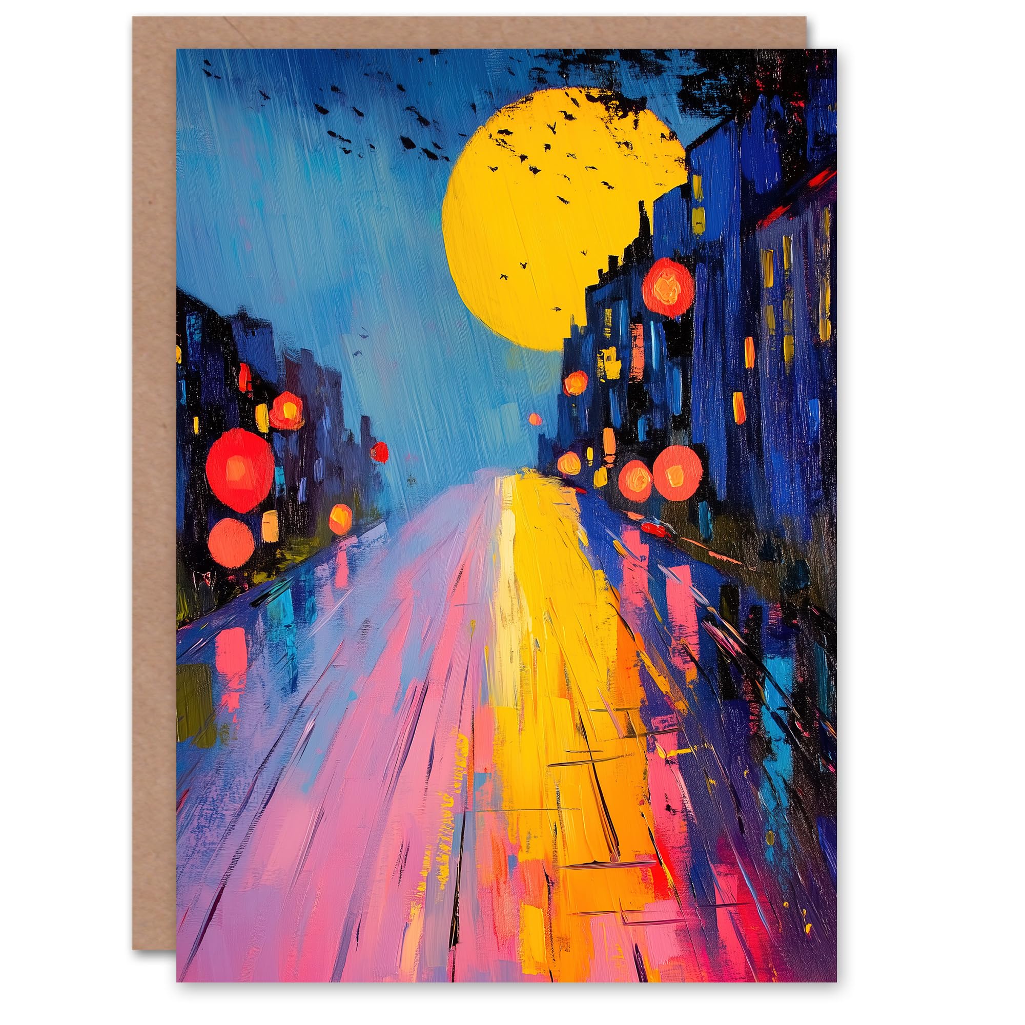Artery8 Greeting Card Full Moon Night City Street Colourful Abstract Blank For Him Or Her Art Birthday Card