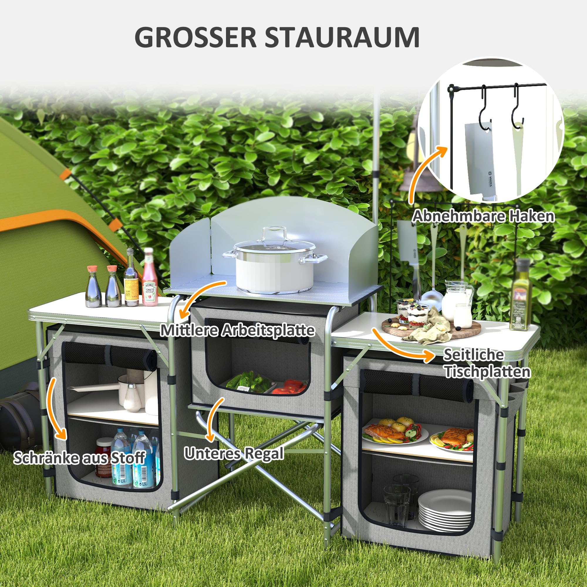 Outsunny Camping Küche faltbar Campingschrank mit Aluminiumgestell, Lichtständer, Campingküche mit Staufächern Arbeitsplatte Windschutz, Reiseküche, Outdoor Küchenschrank für Camping Reisen