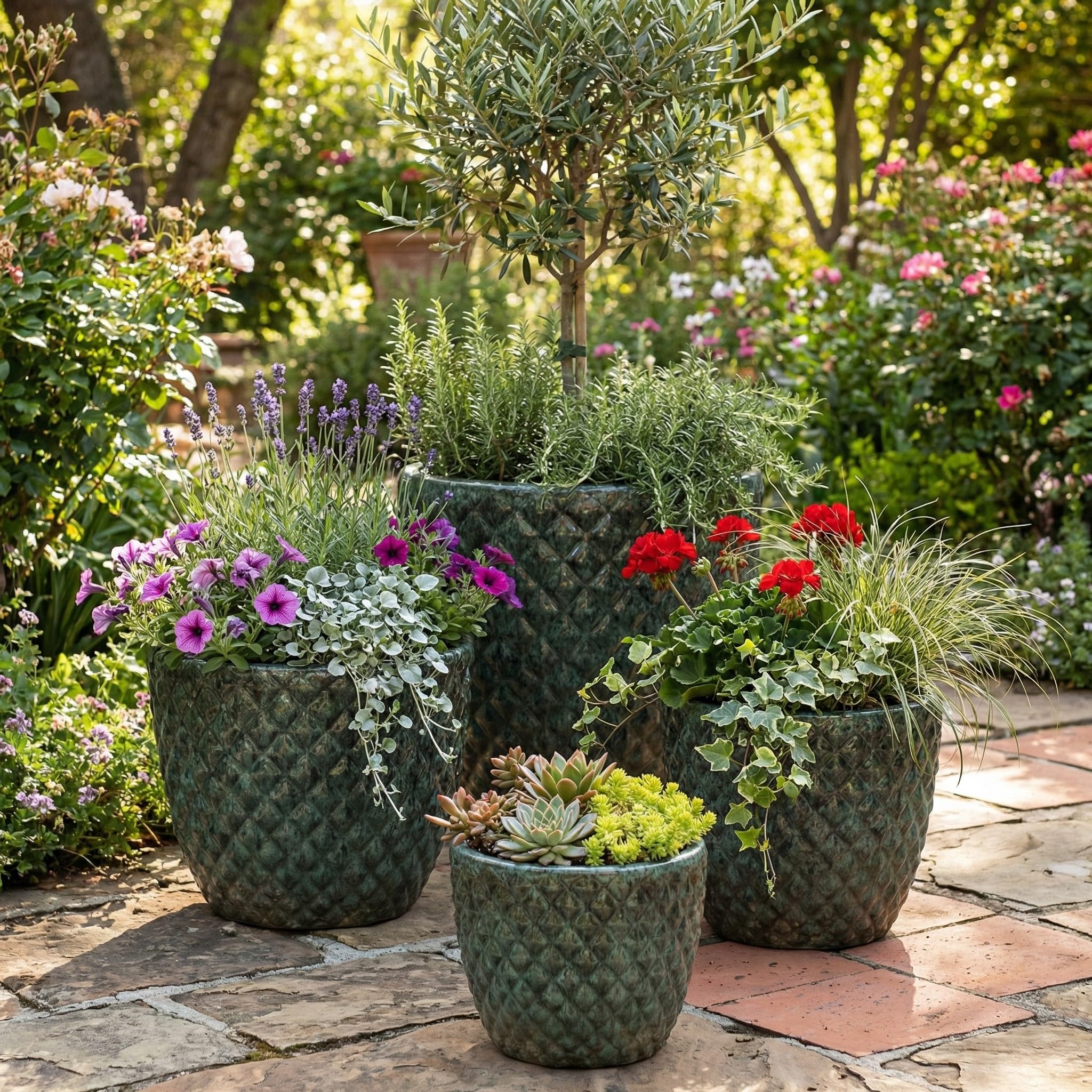 Teramico Pot de fleurs résistant au gel, en grès de qualité supérieure, en céramique émaillée, avec structure unique à bulles 3D, durable, résistant à l'hiver, pour jardin et terrasse, vert mousse, 30