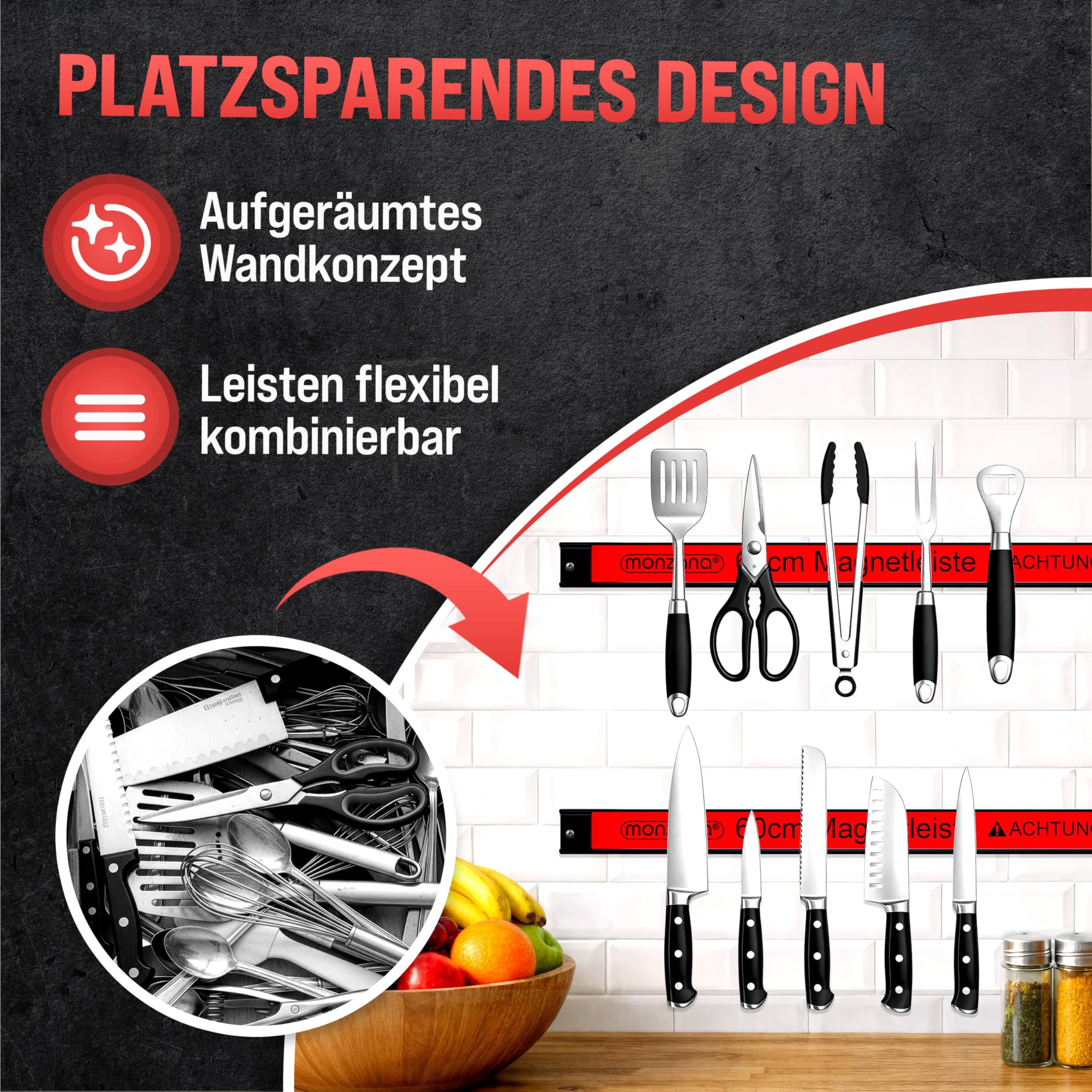 DEUBA® Barra Magnetica Portautensili 3 x 60cm Capacità di Carico 23 kg Porta Attrezzi Magnetico Organizer Cucina Portacoltelli Salvaspazio Officina