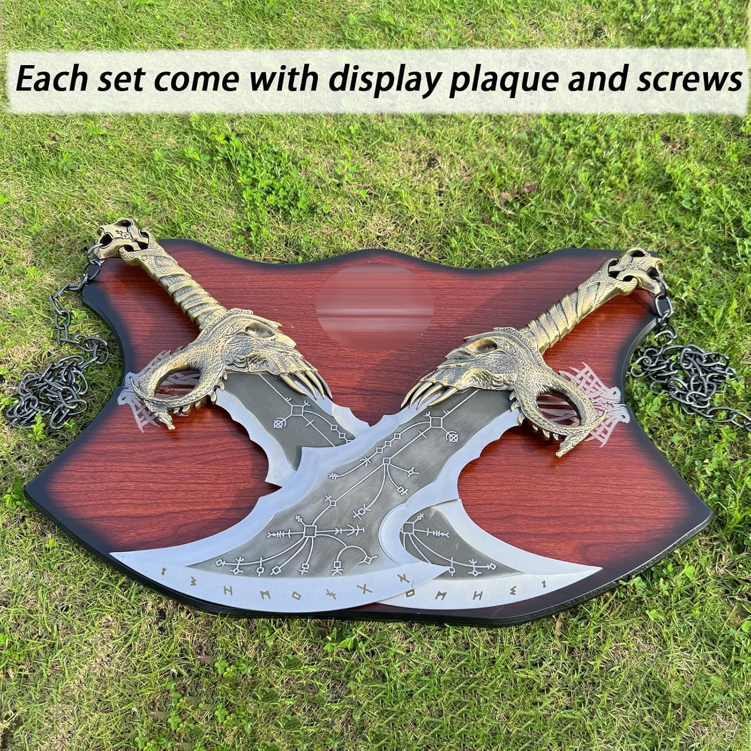 Generico Kratos Chaos Blade of GOW, metal, A Set of Two Bades of Chaos with Display Plaque, Kratos Metal Chainsword, 1:1 Replika Rekwizytów wojennych na wyświetlacz i prezent