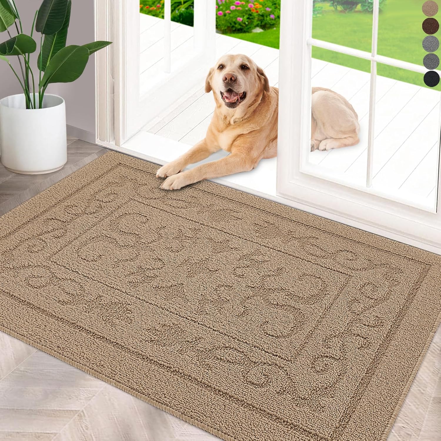 FONEYI Indoor Doormat, Front Back Door Mat 32"x48" Washable, Rubber Backing Non Slip Door Mats, Low-Profile Absorbent Entrance Doormats Inside Floor Mats for Entryway, Resist Dirt Entry Rugs, Beige 4' x 2'8" (Rectangular) Khaki