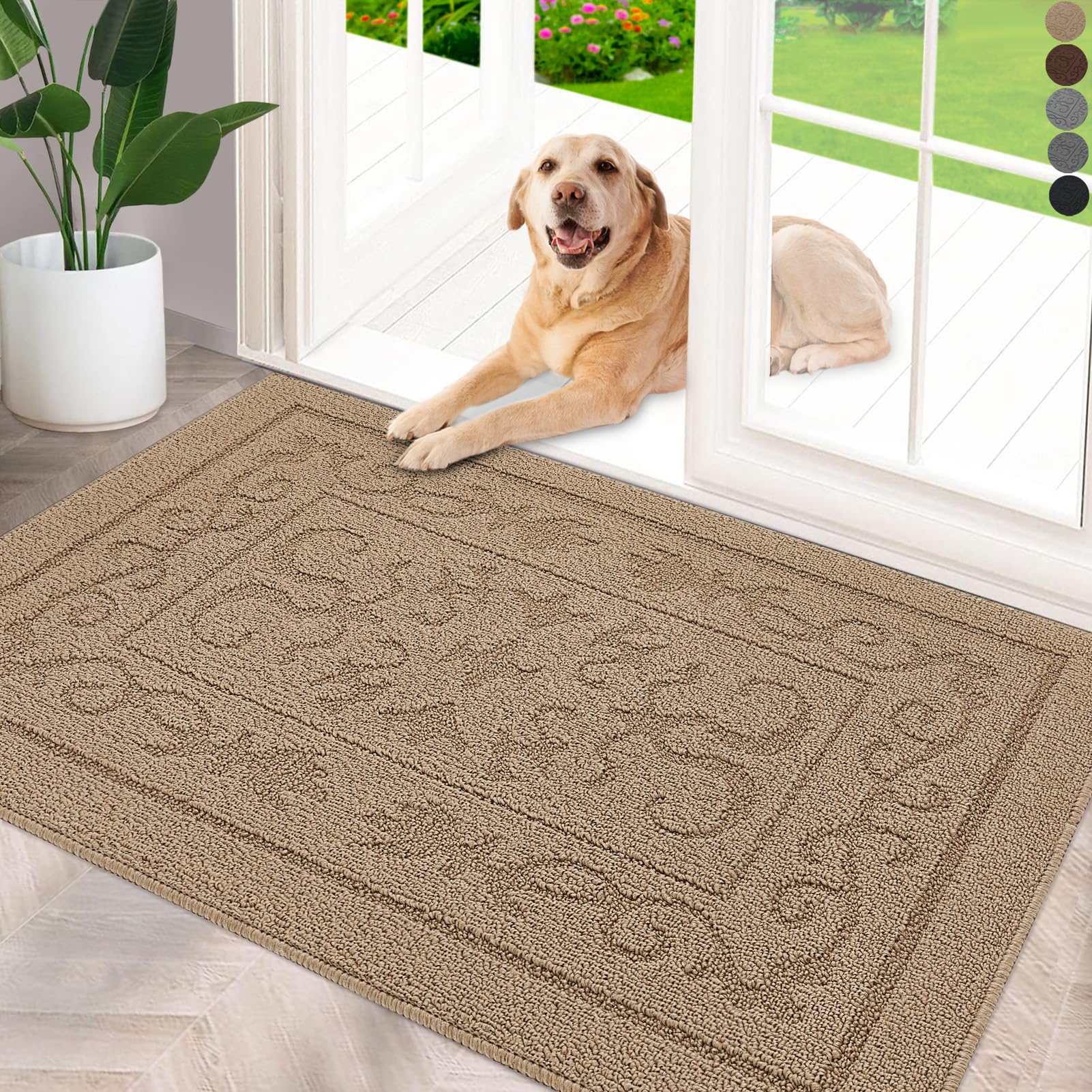 FONEYI Indoor Doormat, Front Back Door Mat 24"x36" Washable, Rubber Backing Non Slip Door Mats, Low-Profile Absorbent Entrance Doormat Inside Floor Mats for Entryway, Resist Dirt Entry Doormats, Beige