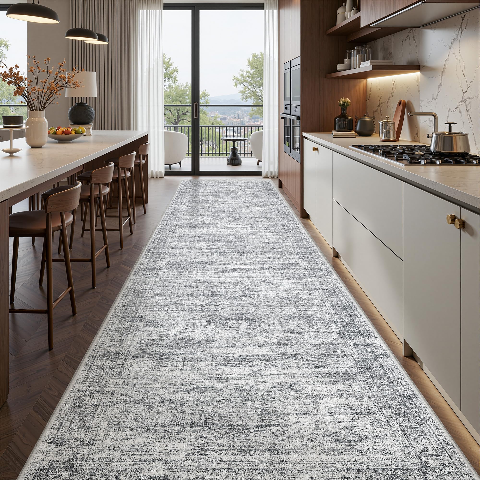 Restydon Washable Runner Rug 2.5x12, Non-Slip Long Bathroom Rugs Runner for Kitchen, Living Room, Bedroom, Soft Vintage Washable Rug for Entryway, Thin Floor Mat for Dining Room(2.5'x12', Grey/Ivory) — image 1