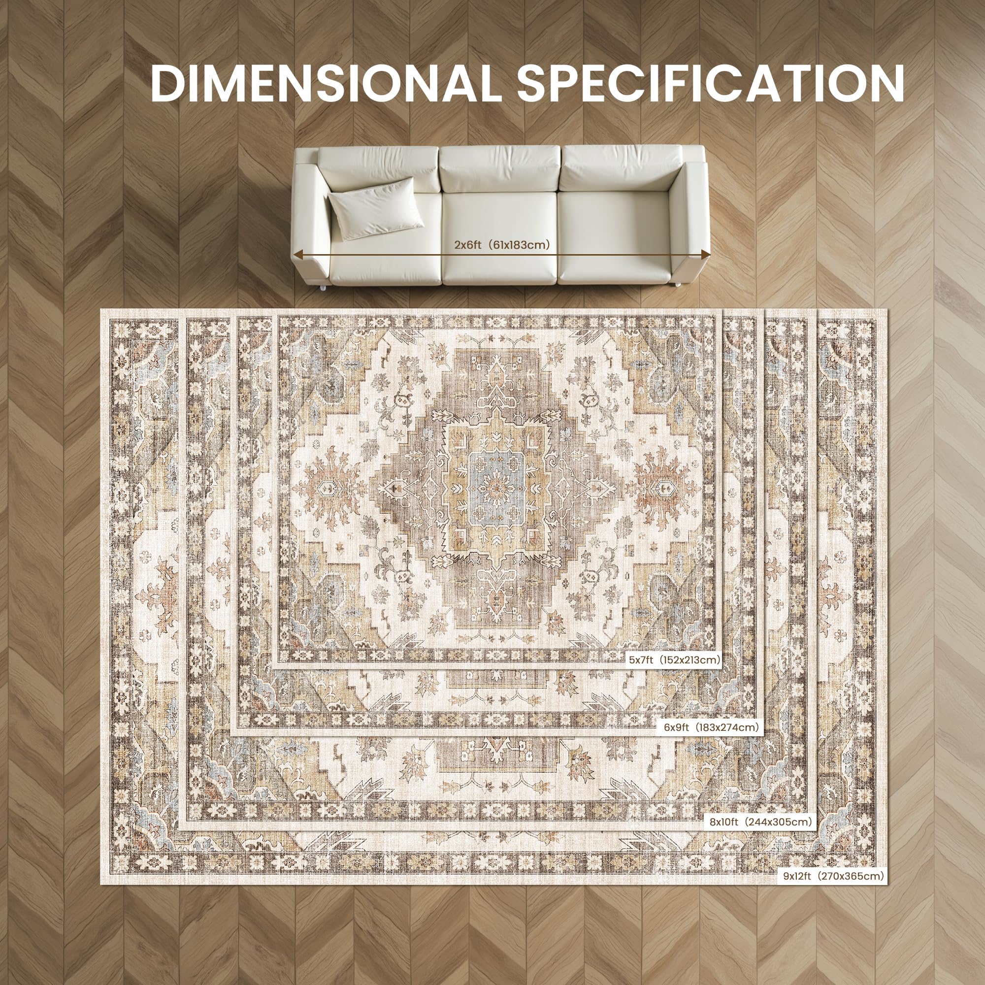 Condition photo showing New/Like New for befbee 8x10 feet area rugs for living room, stain resistant neutral washable rugs for dining rooms, floral vintage non-slip thin large size area rug(brown)