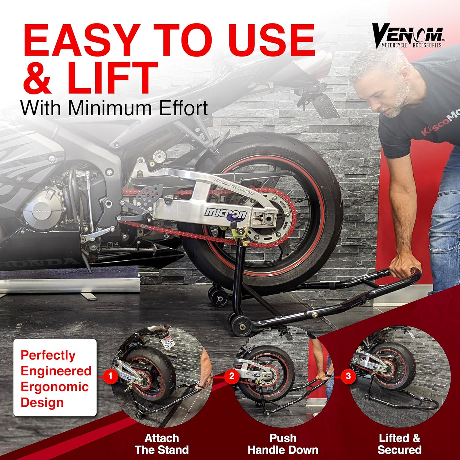 Venom Sport Bike Motorcycle Rear Wheel Swingarm Spool Lift Stand Paddock Stands Compatible with Yamaha Honda Kawasaki Suzuki Ducati BMW : Automotive