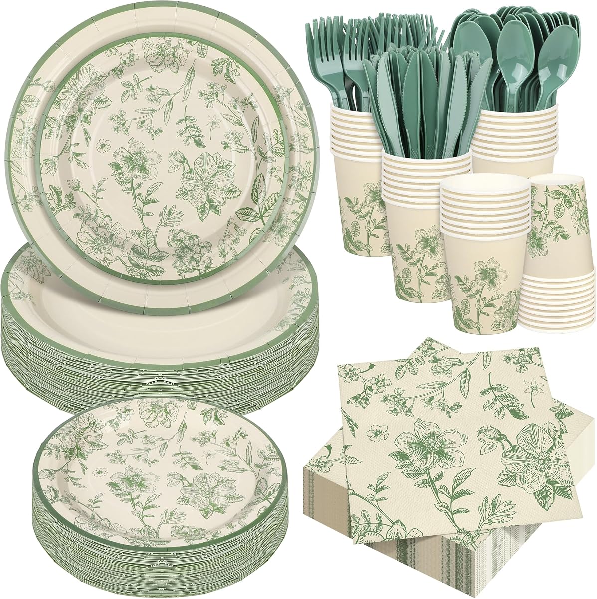 Kochorie 400 piezas juegos de vajilla desechable verde salvia, juego de artículos de fiesta de flores verdes y blancas con platos, tazas, servilletas, cubiertos, 50 para decoraciones de fiesta de ducha nupcial de cumpleaños de boda