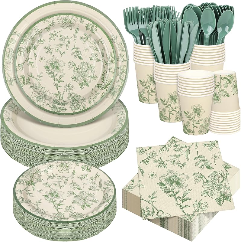 Kochorie 400 Pieces Sage Green Disposable Tableware Sets, Green and White Flower Party Supplies Set with Plates Cups Napkins Cutlery Serves 50 for Wedding Birthday Bridal Shower Party Decorations